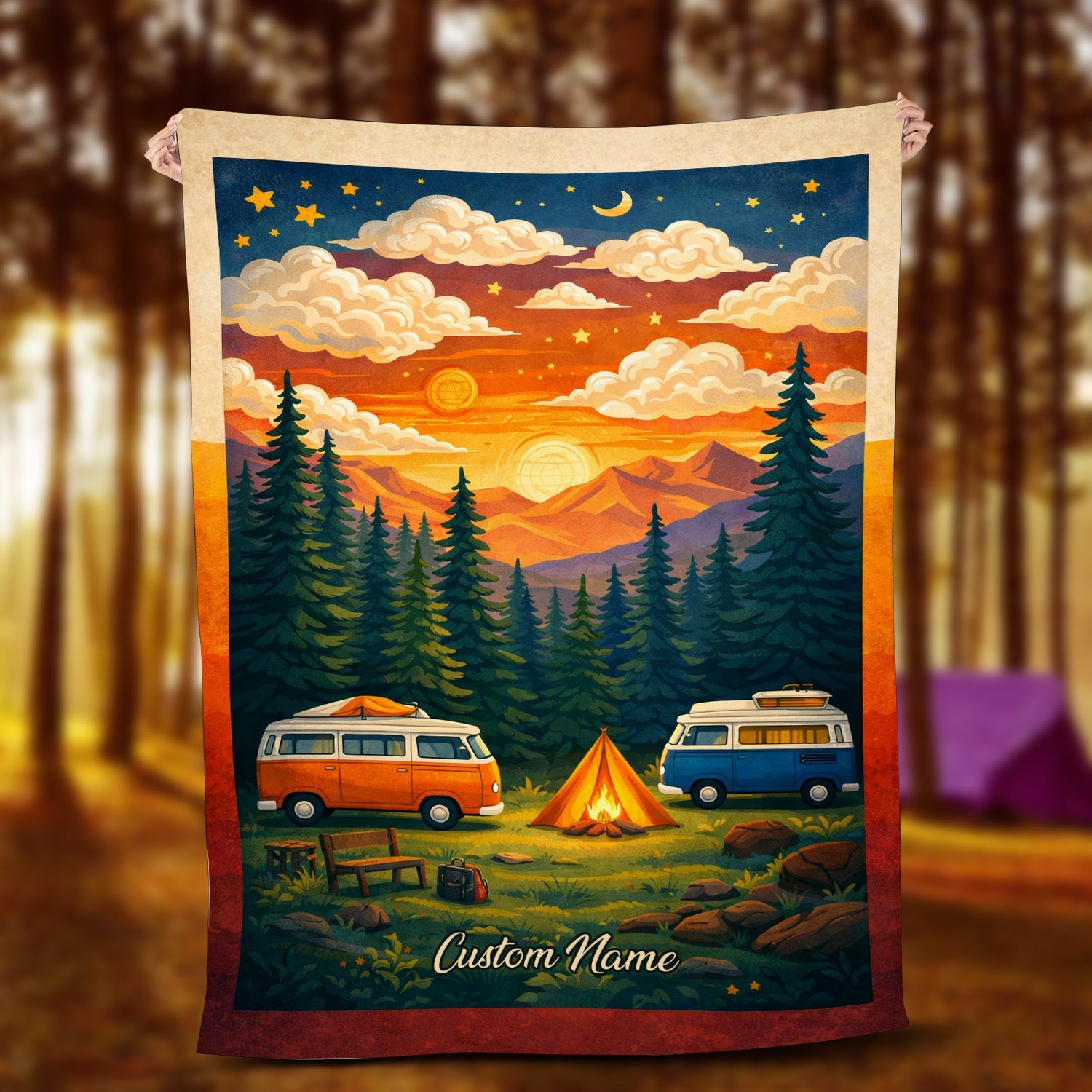 Personalized Camper Van Sunset Blanket – Custom Name Van Life Couple Camping Quilt Throw