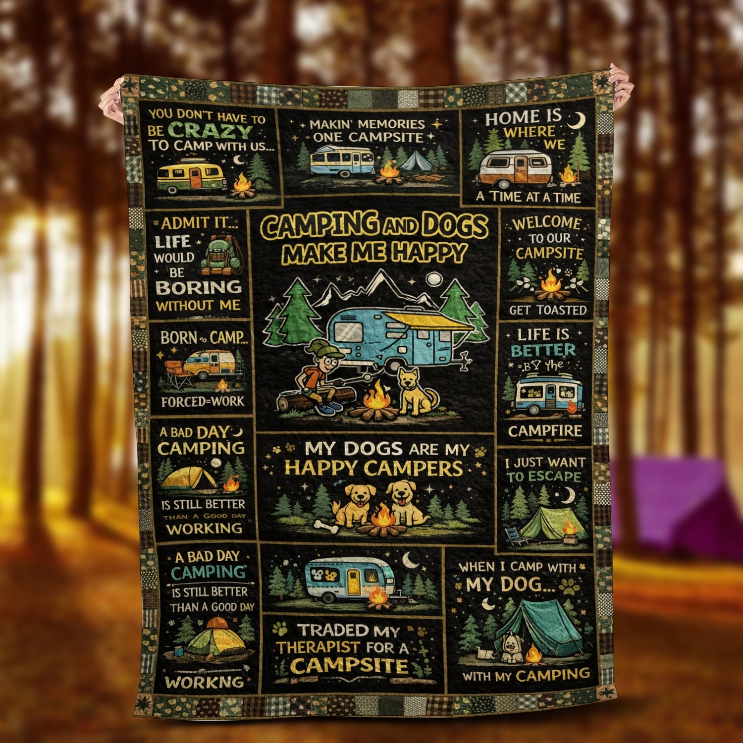 Personalized Camping and Dogs Make Me Happy Fleece Blanket – Funny Dog Lover Camping Gift Throw