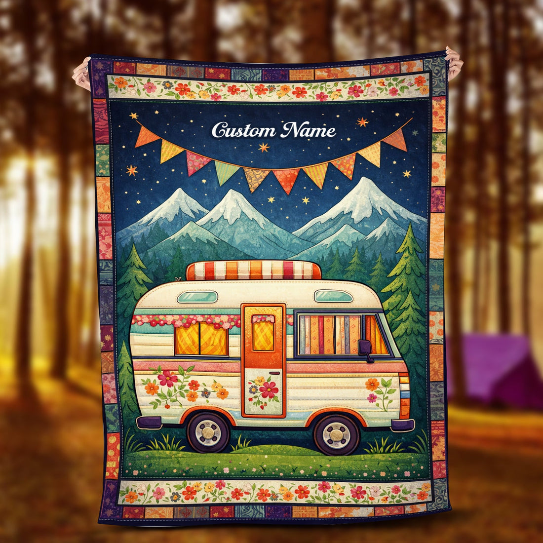 Personalized Vintage Camper Blanket – Custom Name Retro RV Gift for Camping Lovers