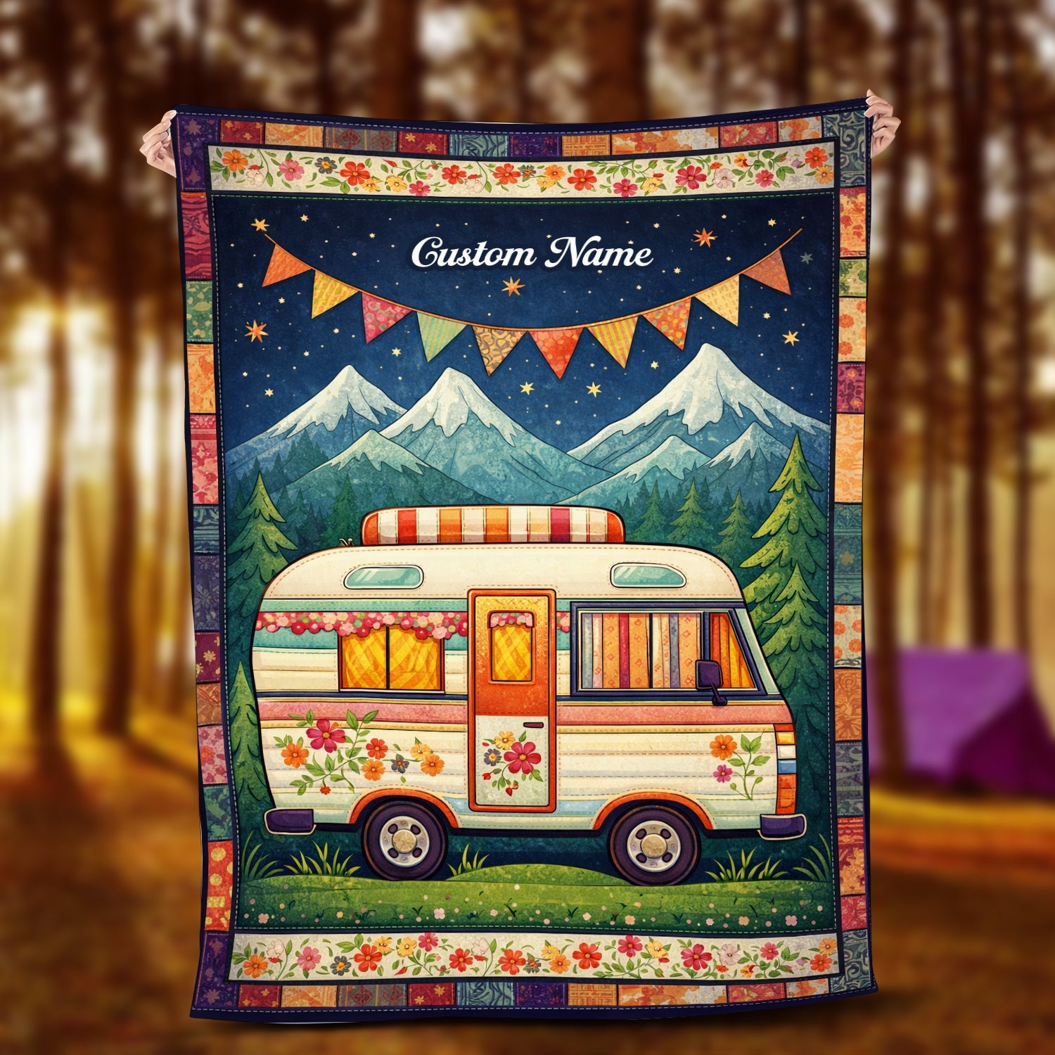 Personalized Vintage Camper Blanket – Custom Name Retro RV Gift for Camping Lovers