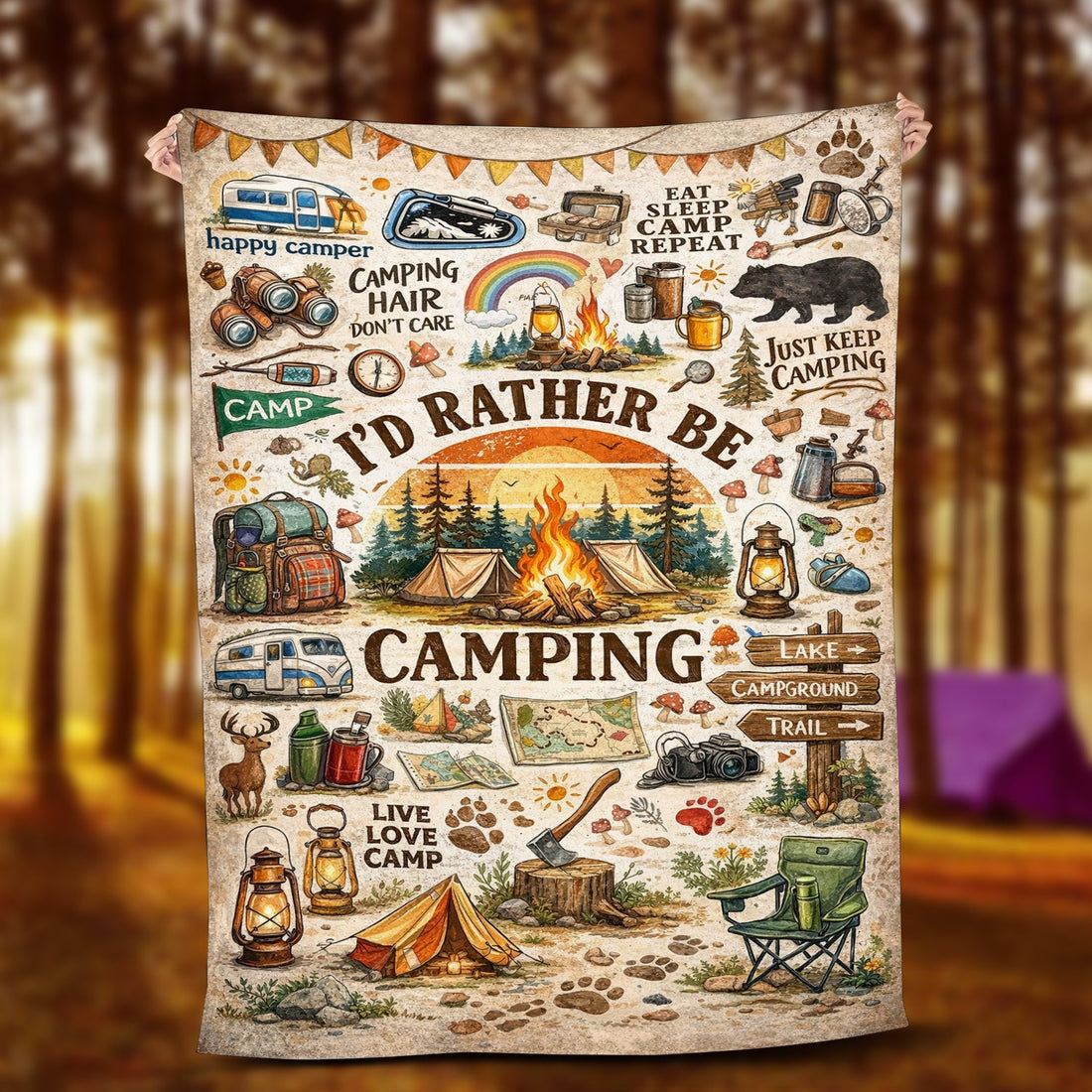 Personalized I’d Rather Be Camping Blanket – Cozy Camper Throw, Funny Camping Gift for Outdoor Lovers