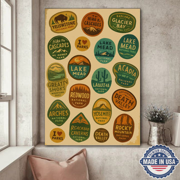 US National Parks Vintage Poster – Retro Travel Badges Wall Art Canvas, Gift for Campers