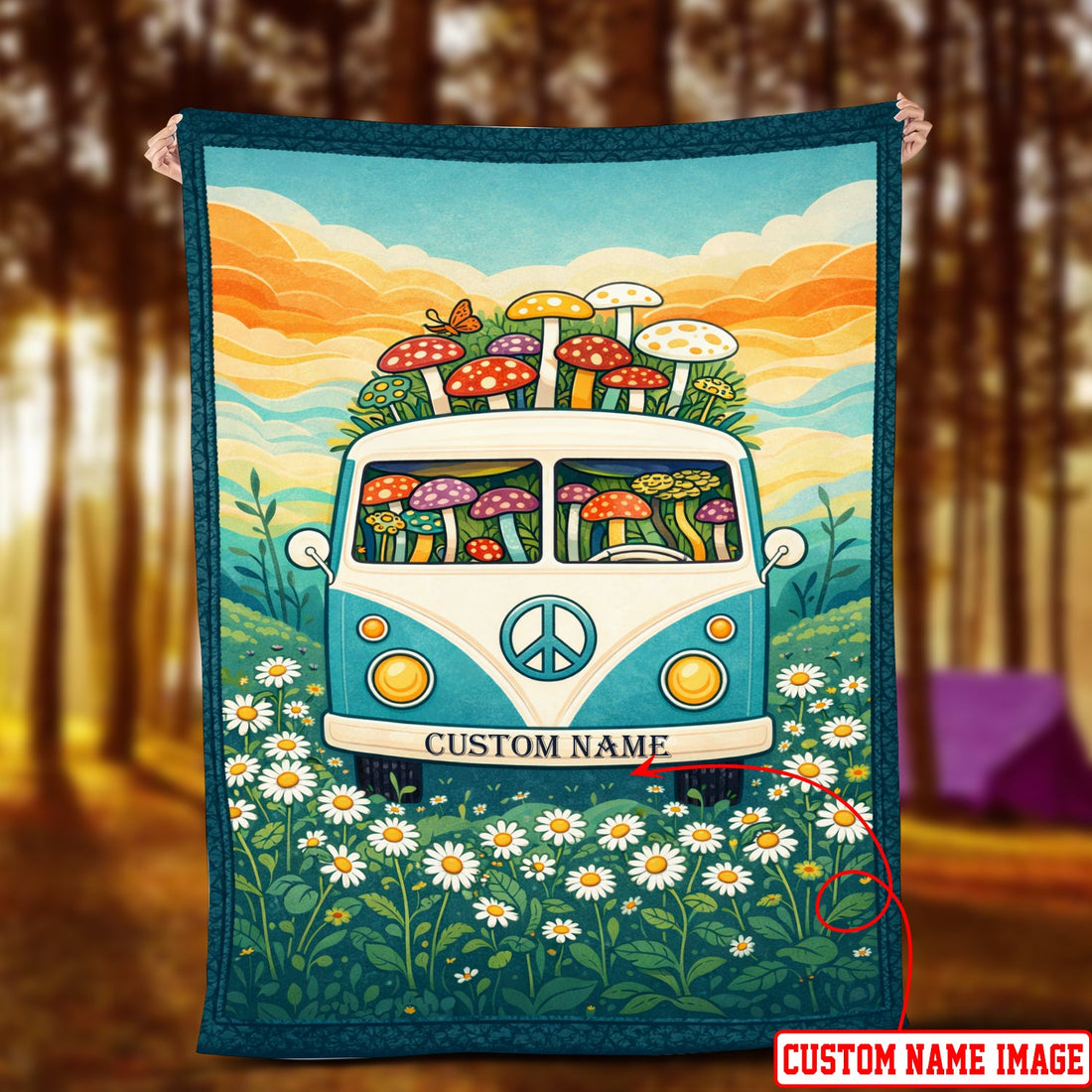 Personalized Boho Camper Van Blanket – Custom Name Mushroom Peace Van Throw for Hippie & Boho Lovers