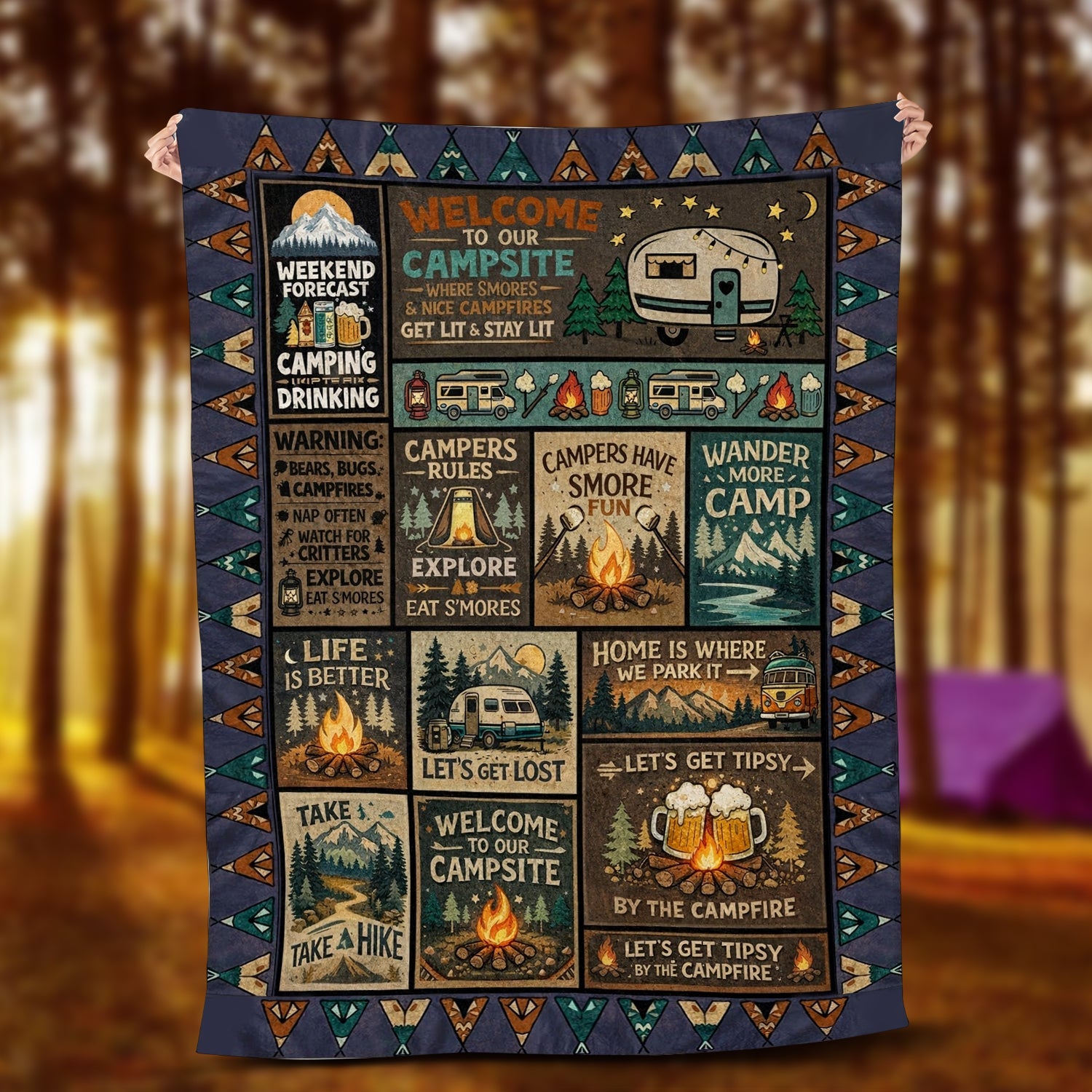 Funny Camping Fleece Blanket – Welcome To Our Campsite Campfire Beer Throw Gift