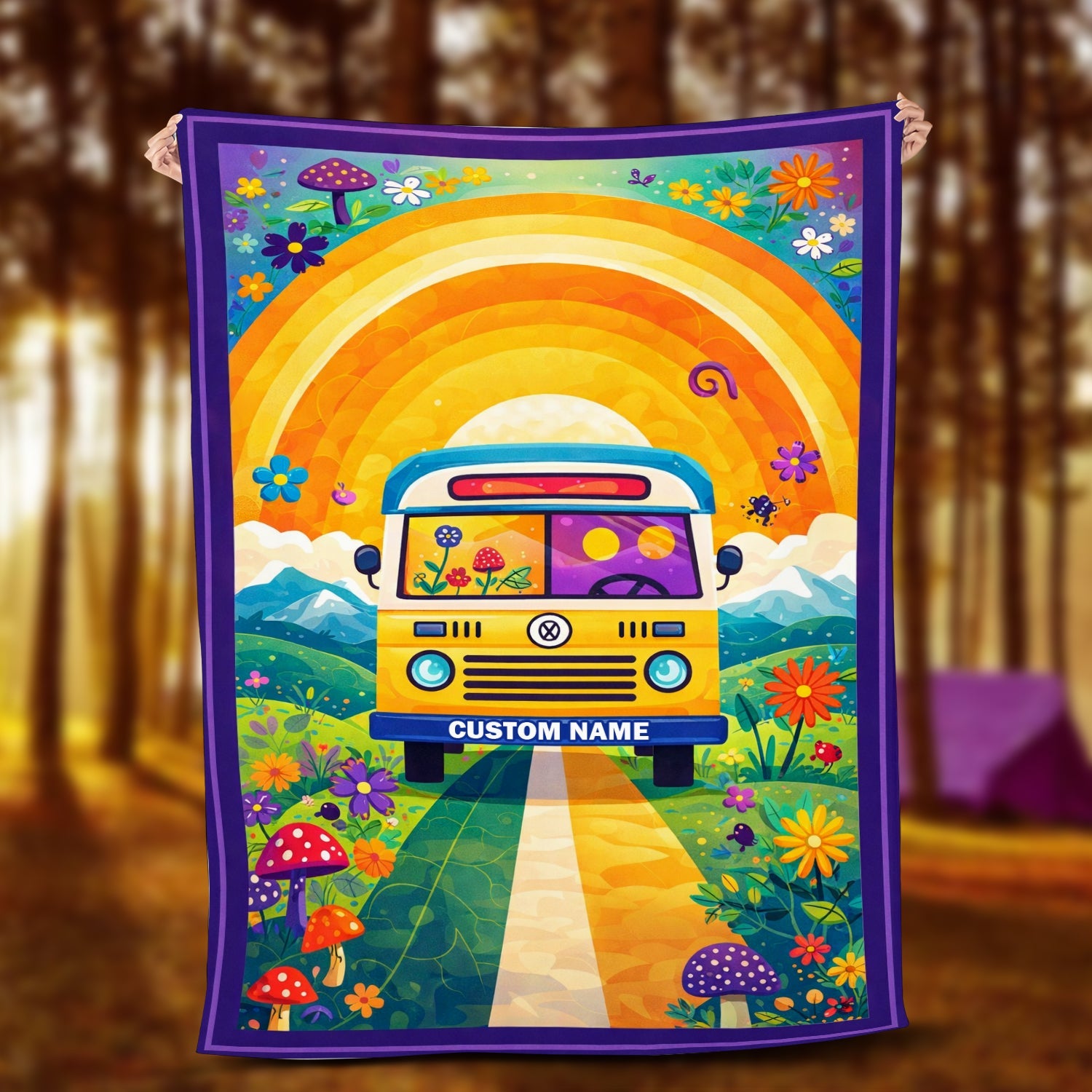 Personalized Rainbow Camper Blanket – Custom Name Retro Van Gift for Happy Campers