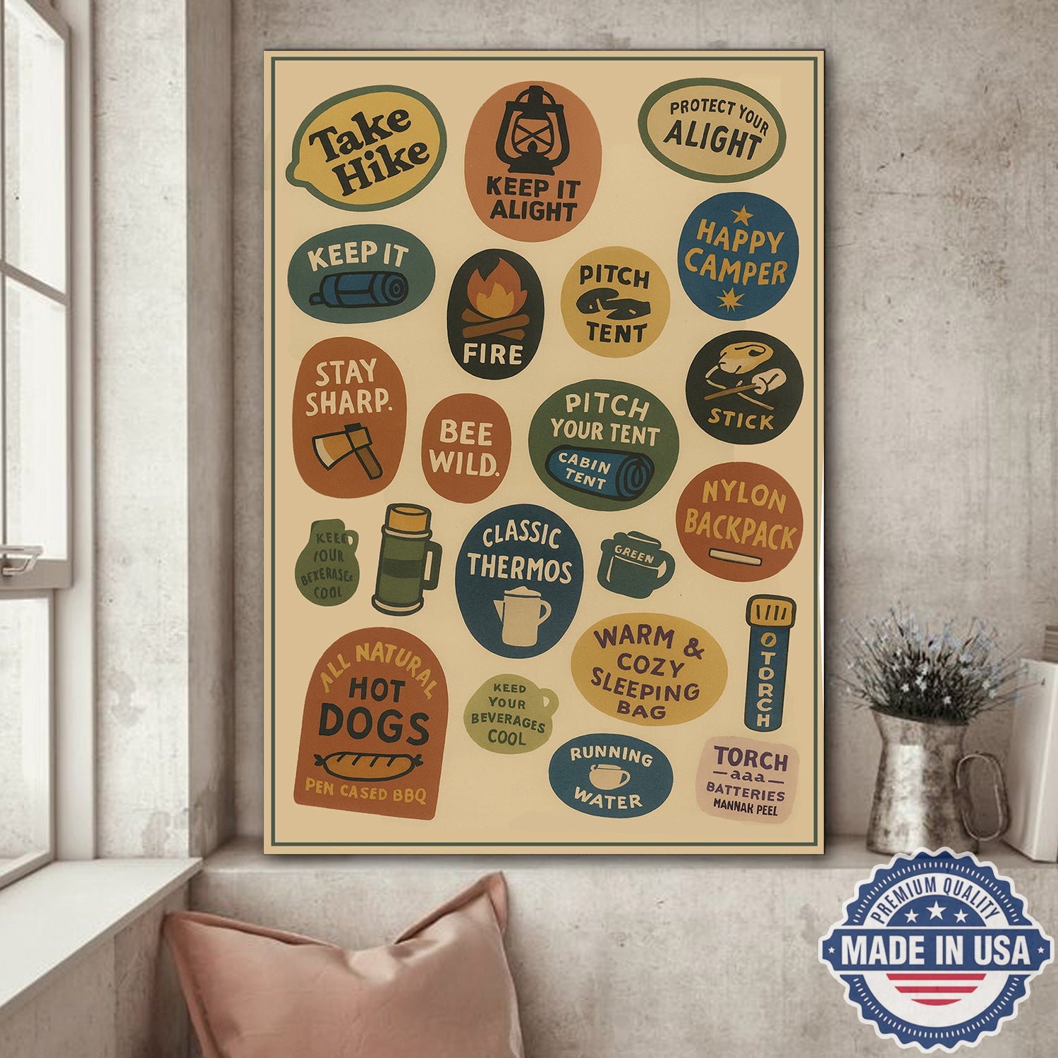 Retro Camping Rules Canvas Wall Art – Vintage Outdoor Icons Wall Art Canvas, Gift for Campers