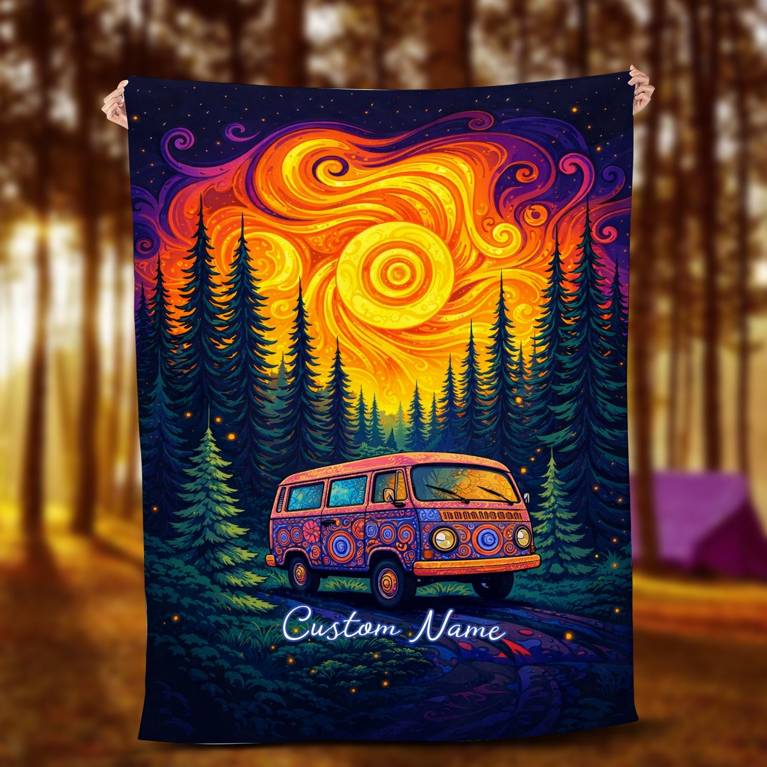 Personalized Psychedelic Camper Blanket – Custom Name Night Van Gift for Free Spirits