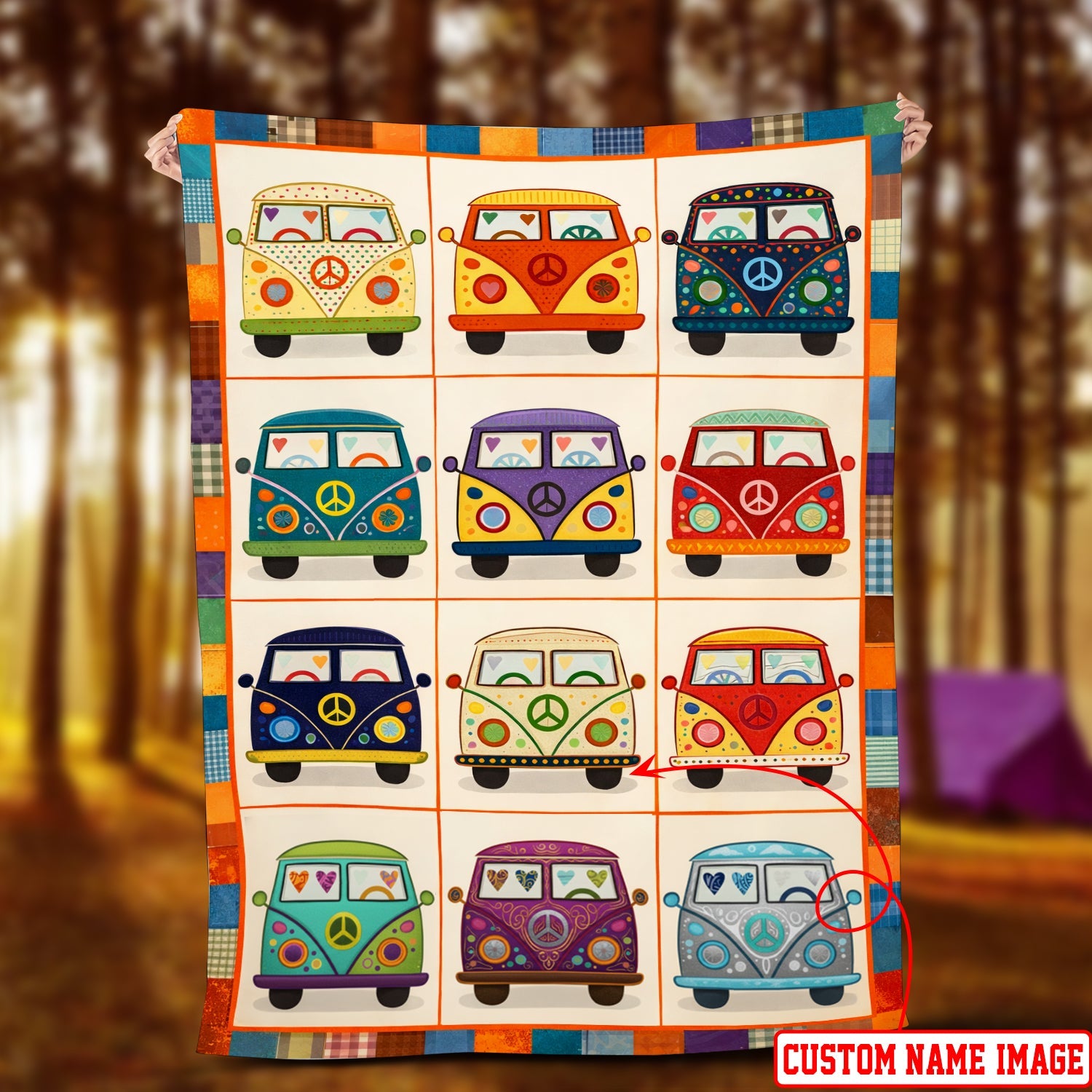 Cute Retro Camper Vans Fleece Blanket – Peace & Love Colorful Van Throw for Van Life & Hippie Lovers