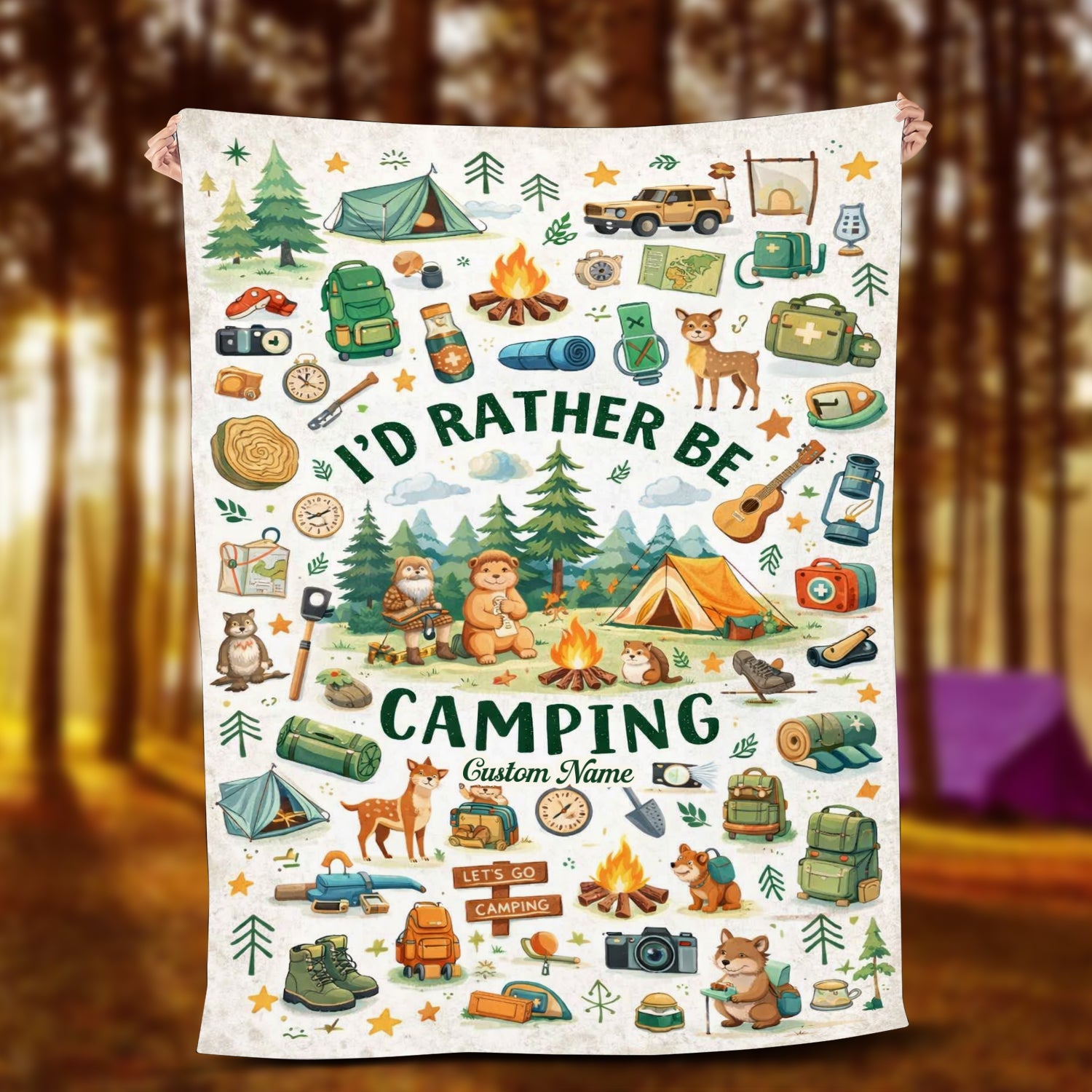 Personalized I’d Rather Be Camping Blanket – Custom Name Cute Camping Gift