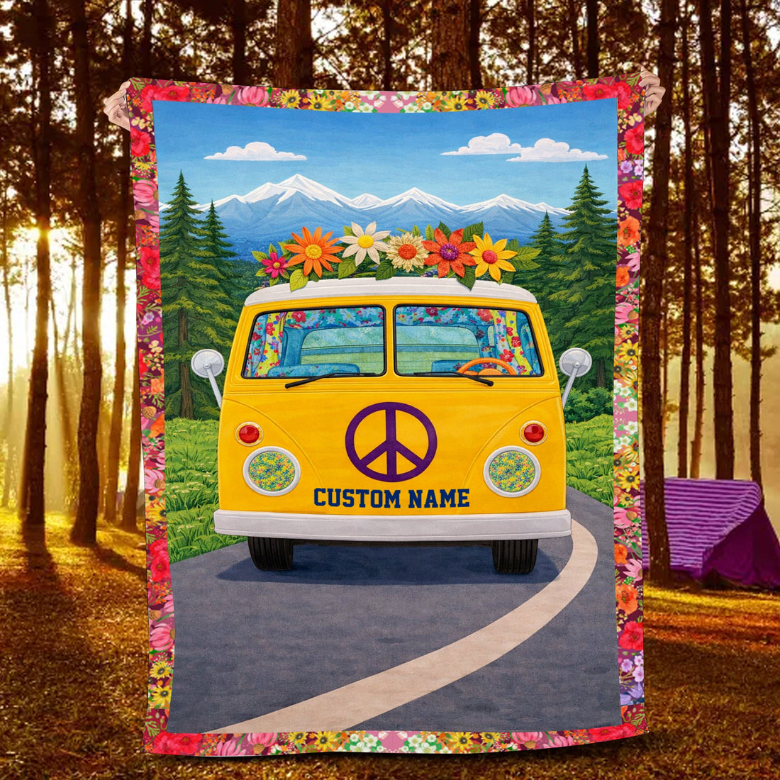 Personalized Hippie Camper Blanket – Custom Name Van Life Couple Gift, Cozy Adventure Throw