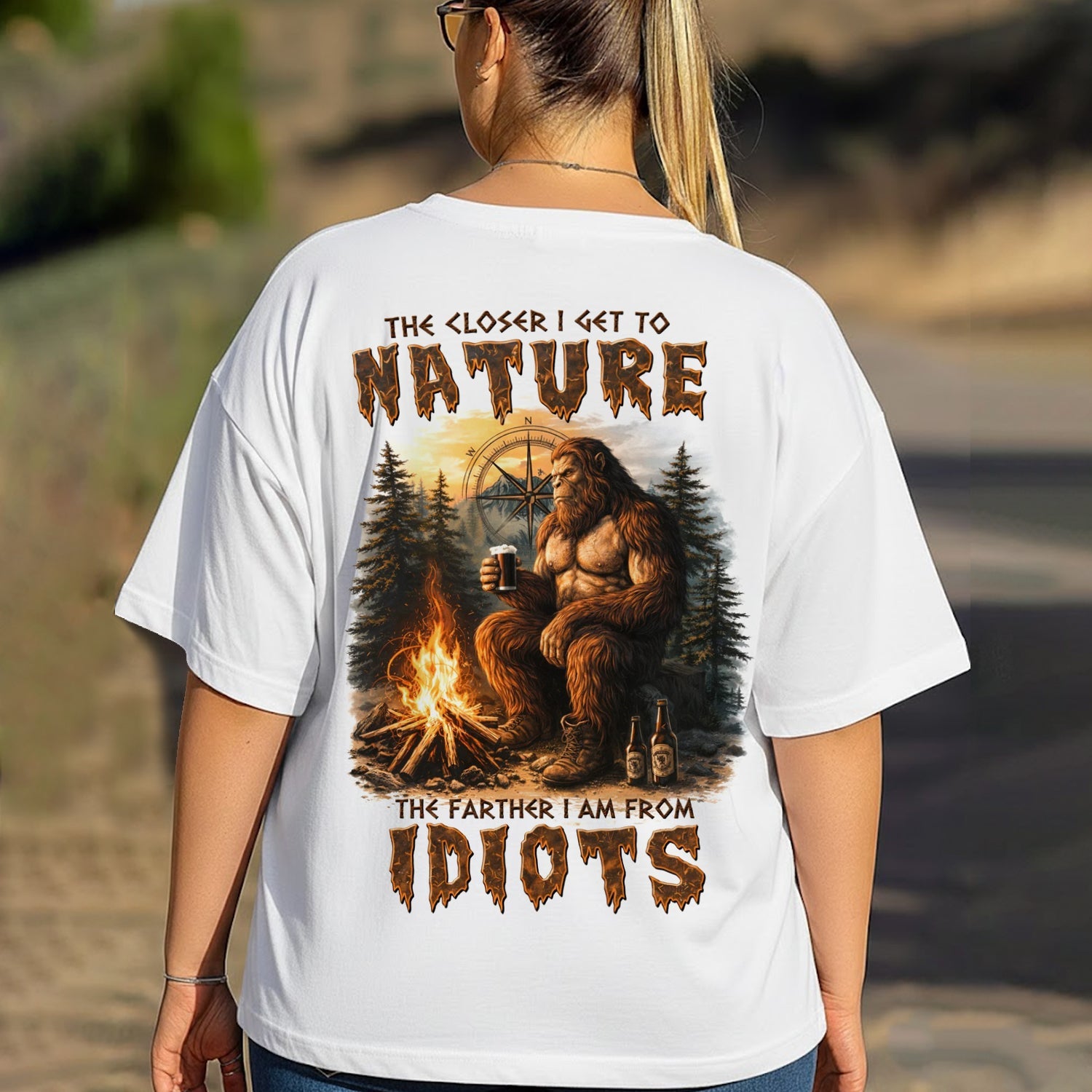Funny Bigfoot Camping T-Shirt – “The Closer I Get to Nature” Sasquatch Beer Campfire Graphic Tee, Outdoor Humor Shirt