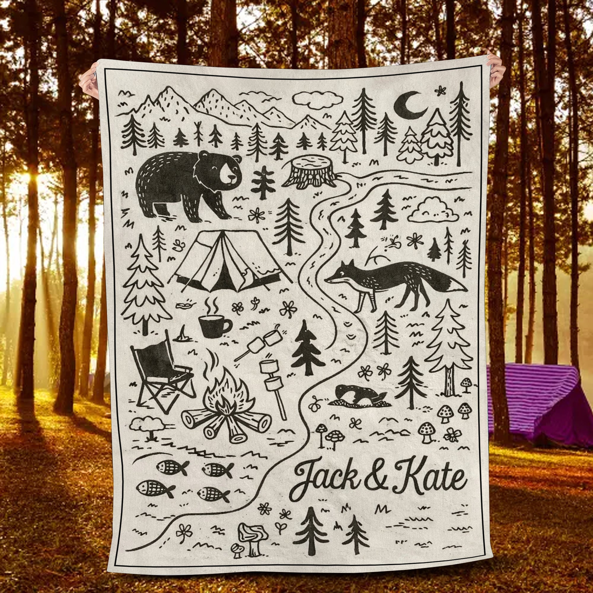 Personalized Camping Couple Blanket – Custom Name Forest Adventure Throw Gift