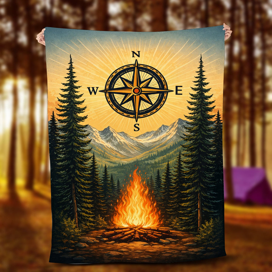 Rustic Compass Camping Blanket – Mountain Campfire Outdoor Throw Gift