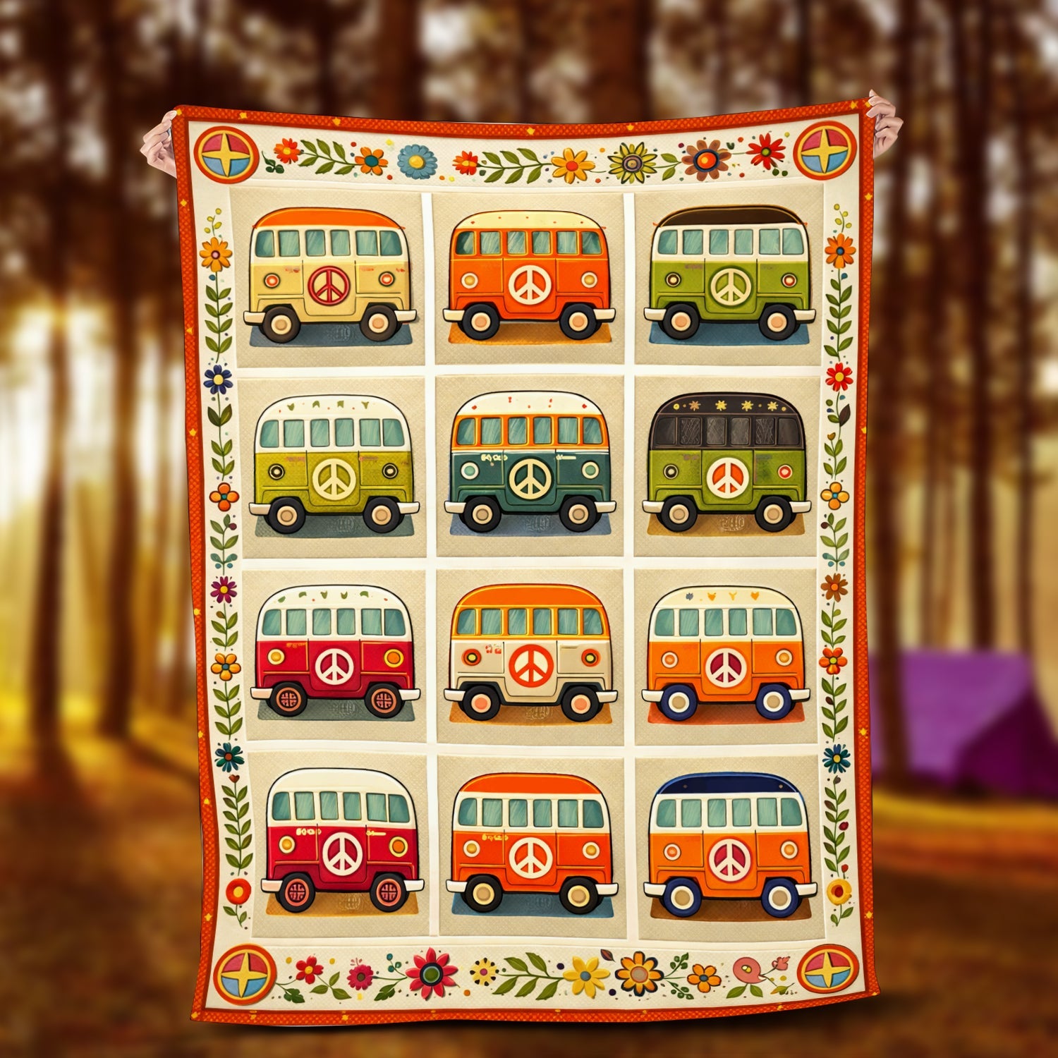 Retro Hippie Van Fleece Blanket – Peace & Love Camper Van Throw for Van Life & Boho Lovers