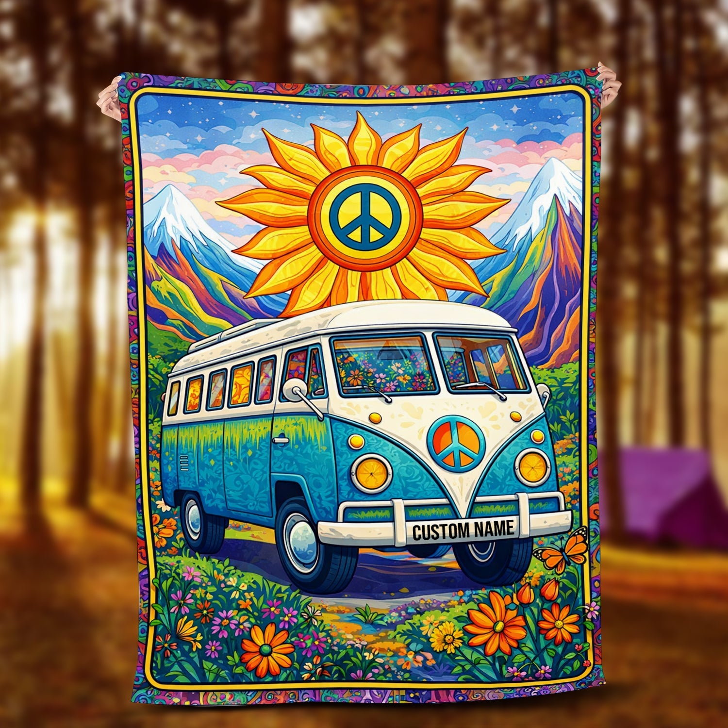 Personalized Hippie Van Blanket – Custom Name Peace & Love Camping Gift