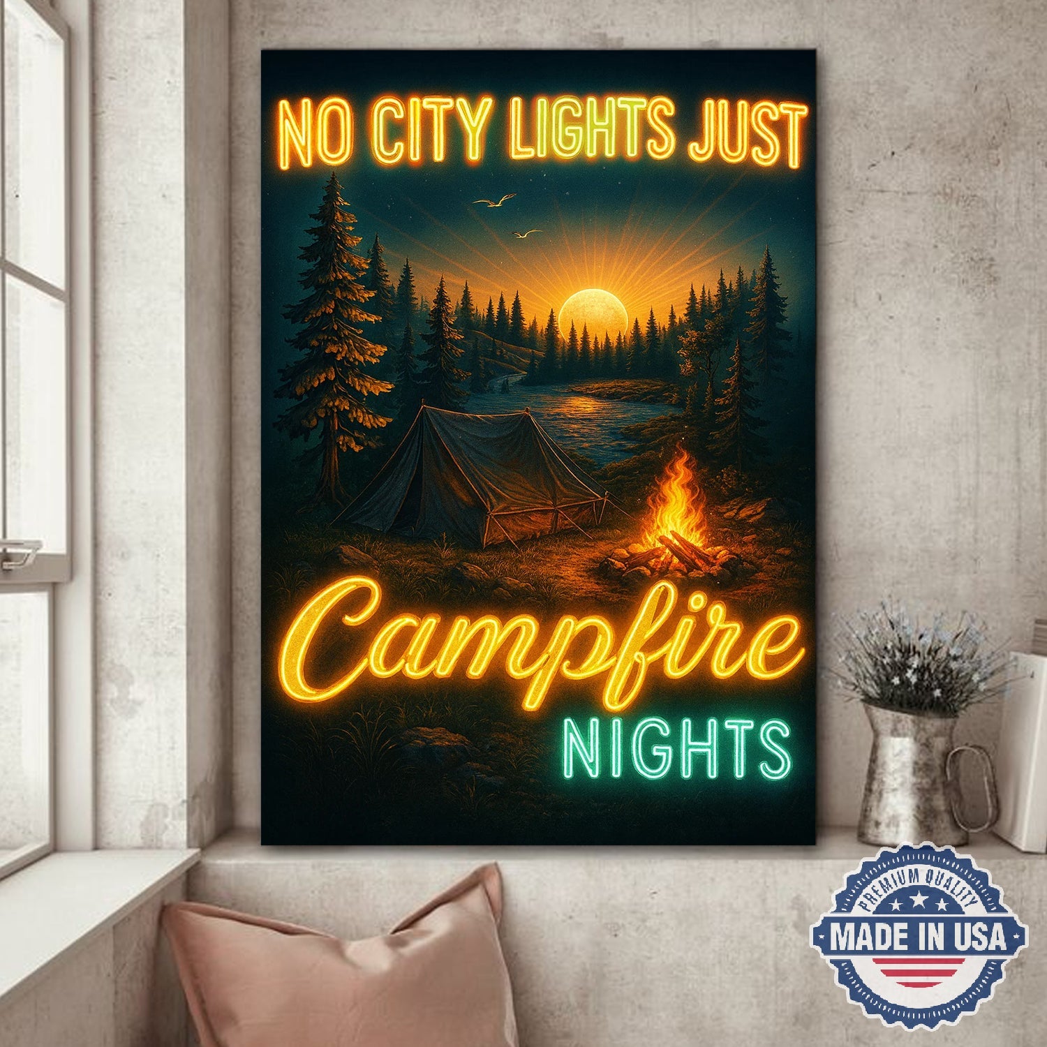No City Lights Just Campfire Nights Canvas Wall Art – Neon Camping Quote with Forest Lake Sunset, Cozy Outdoor Adventure Home Decor