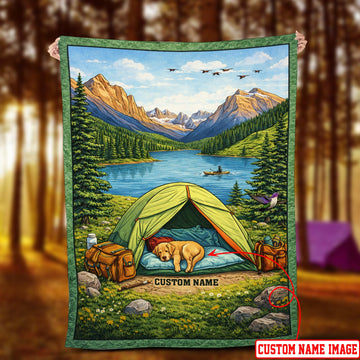 Personalized Dog Camping Fleece Blanket – Custom Name Lake Tent Dog Throw for Dog Lovers & Outdoor Decor