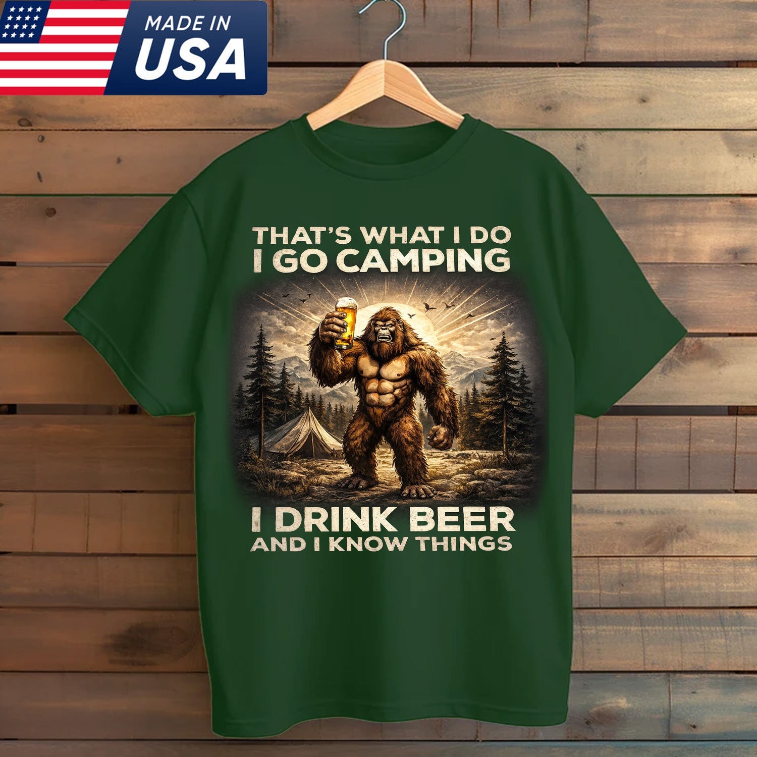 I Go Camping I Drink Beer Bigfoot T-Shirt – Funny Sasquatch Camping Humor Graphic Tee, Vintage Outdoor Adventure Apparel