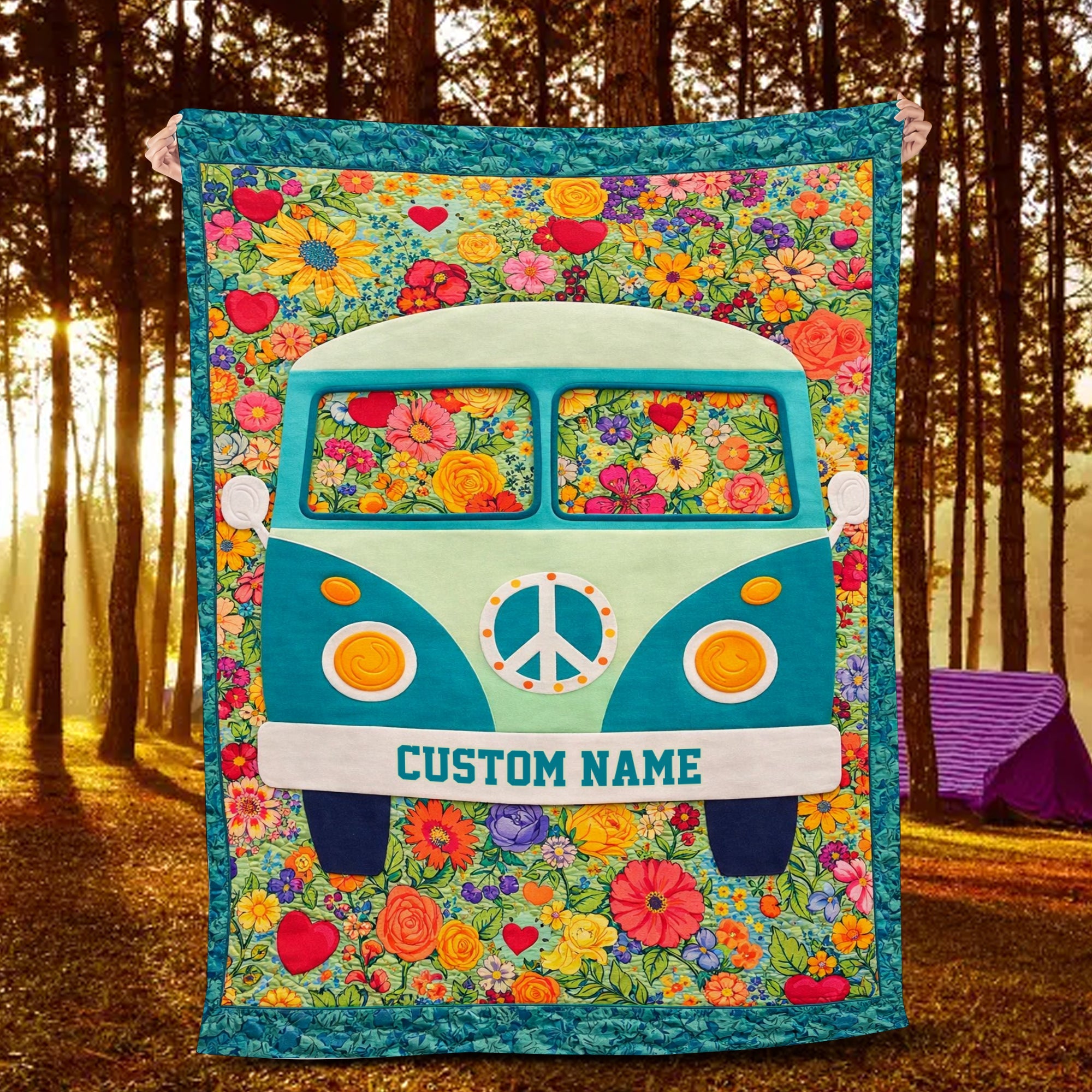Personalized Hippie Camper Fleece Blanket – Custom Name Floral Van Quilt, Peace & Love Gift