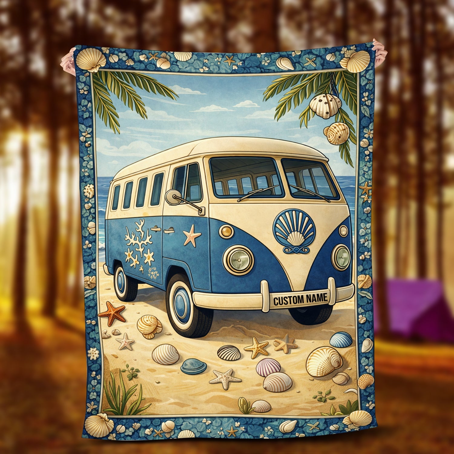 Personalized Beach Van Blanket – Custom Name Coastal Vanlife Summer Gift
