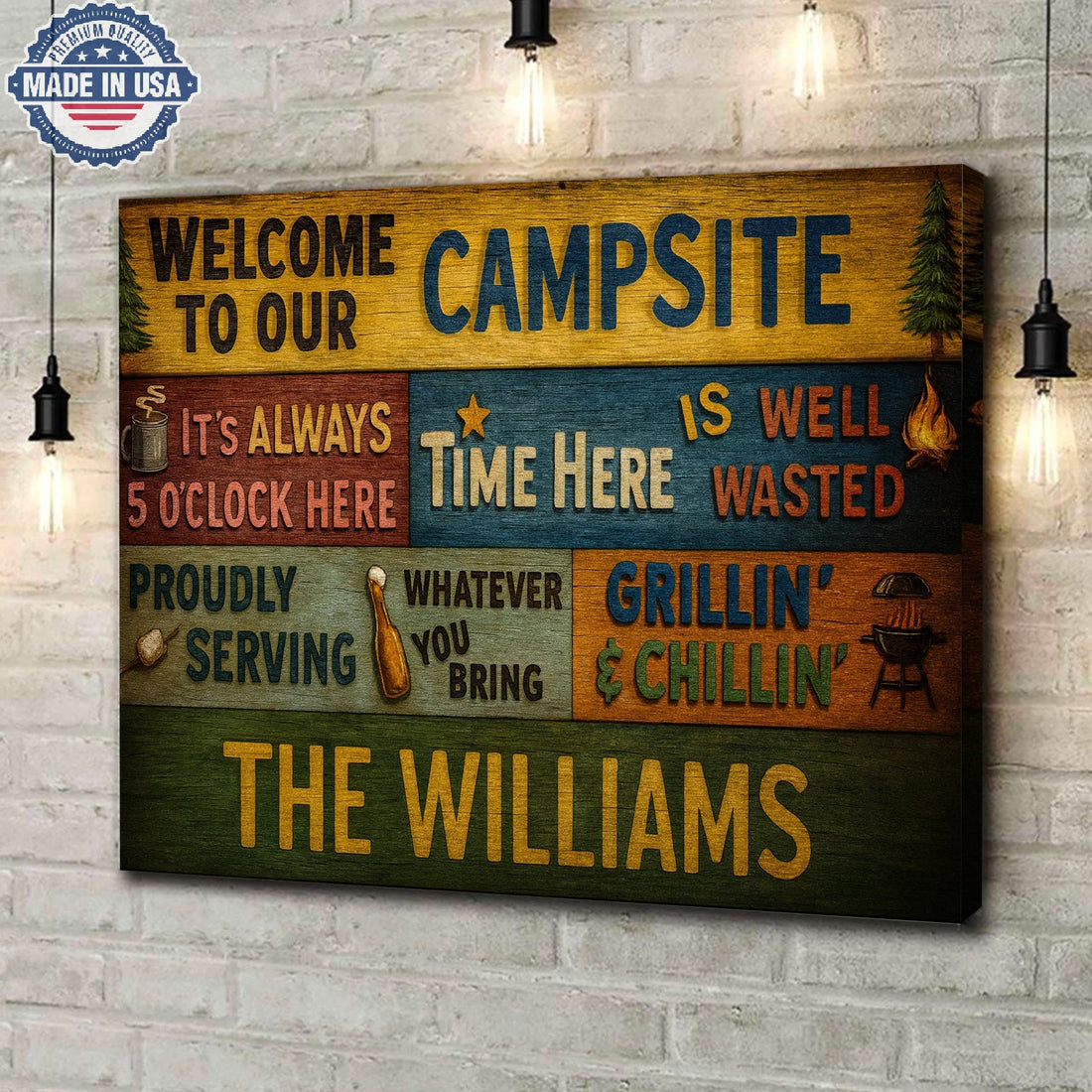 Personalized Welcome Campsite Canvas – Funny Camping Family Name Wall Art Rustic Outdoor Decor