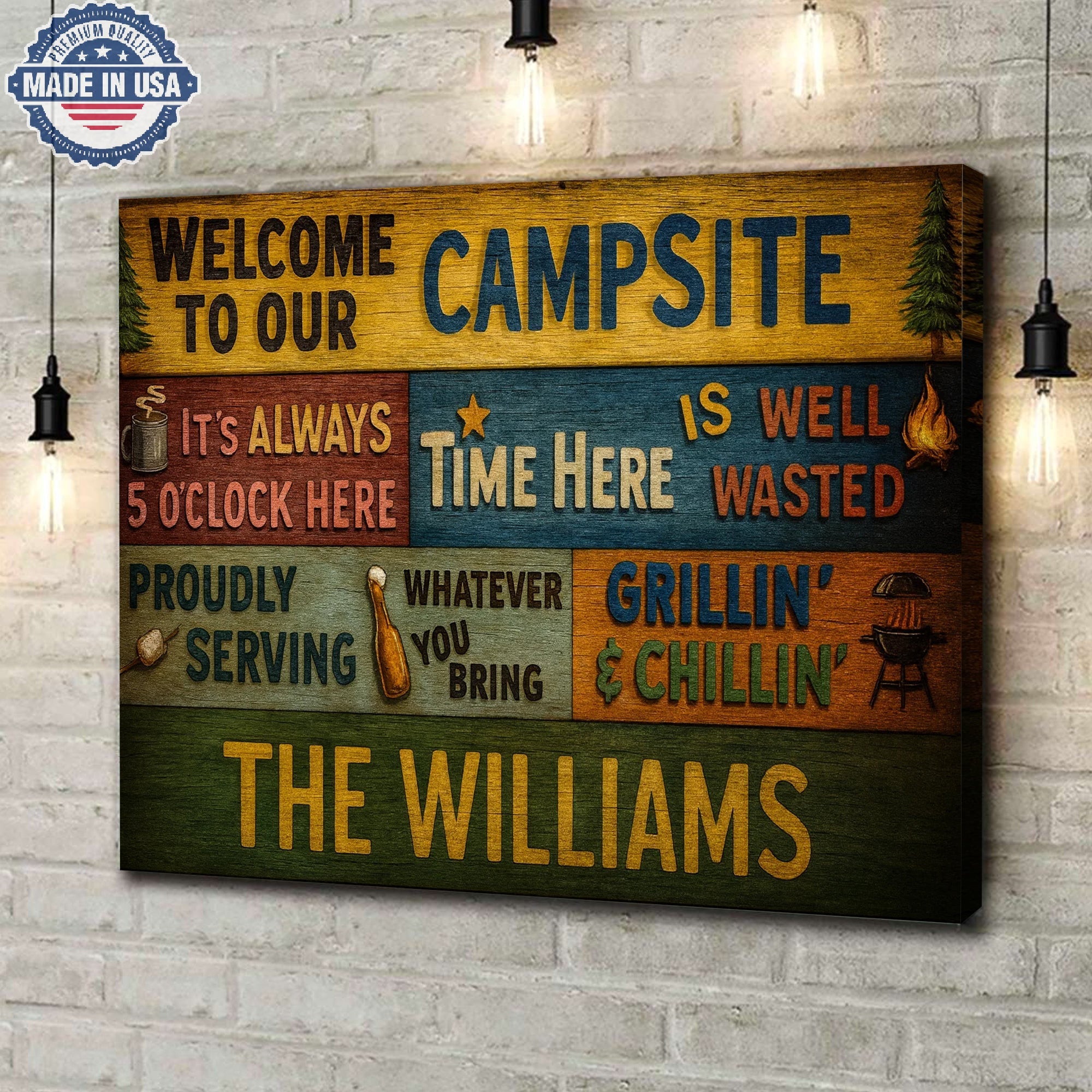 Personalized Welcome Campsite Canvas – Funny Camping Family Name Wall Art Rustic Outdoor Decor