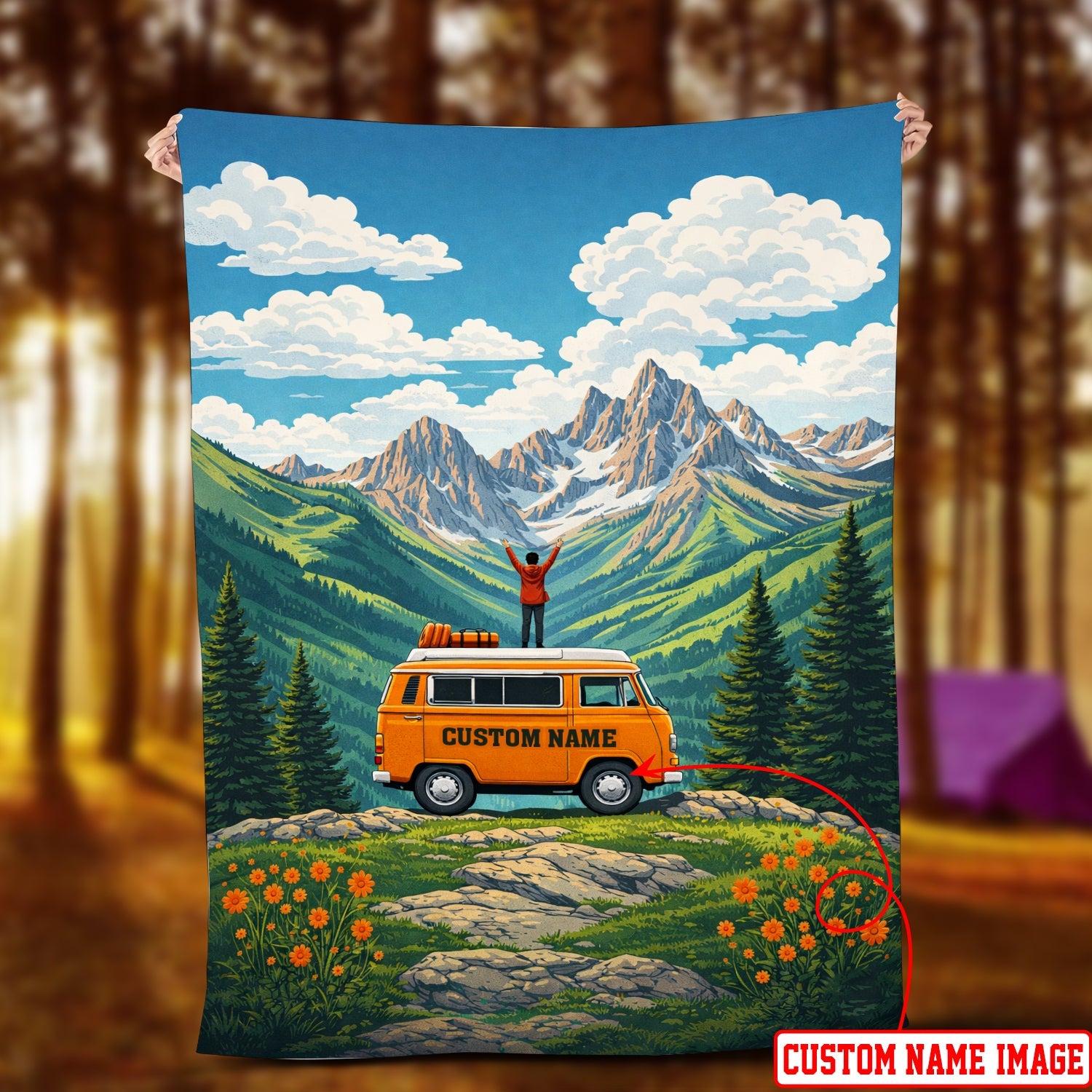 Personalized Travel Adventure Fleece Blanket – Camper Van Mountain Throw for Retirement & New Chapter Gifts