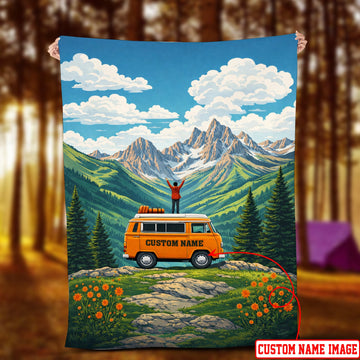 Personalized Travel Adventure Fleece Blanket – Camper Van Mountain Throw for Retirement & New Chapter Gifts