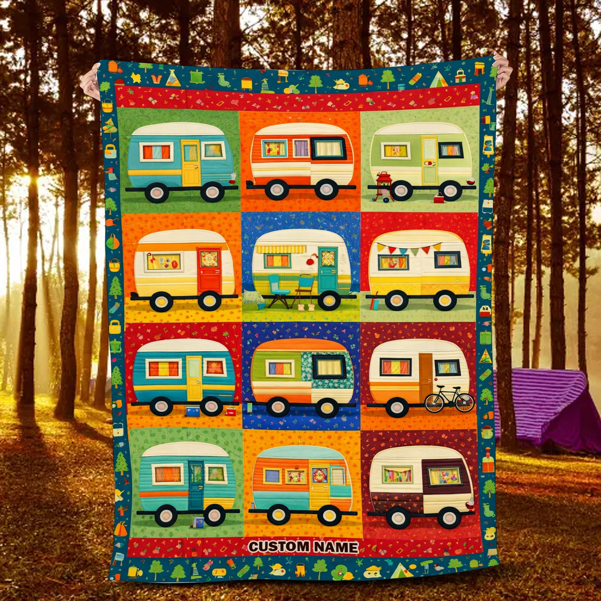 Personalized Camper Patchwork Blanket – Custom Name Camping Quilt, Cozy RV Gift