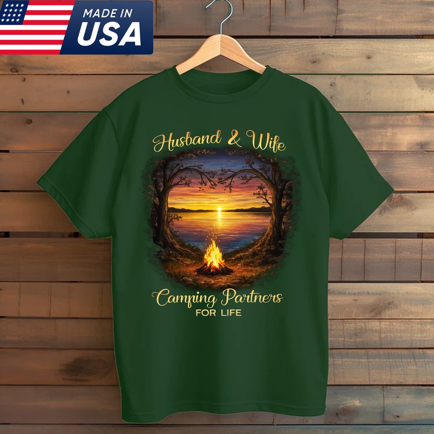 Husband and Wife Camping Partners for Life T-Shirt – Romantic Campfire Sunset Graphic Tee, Couples Outdoor Love Apparel