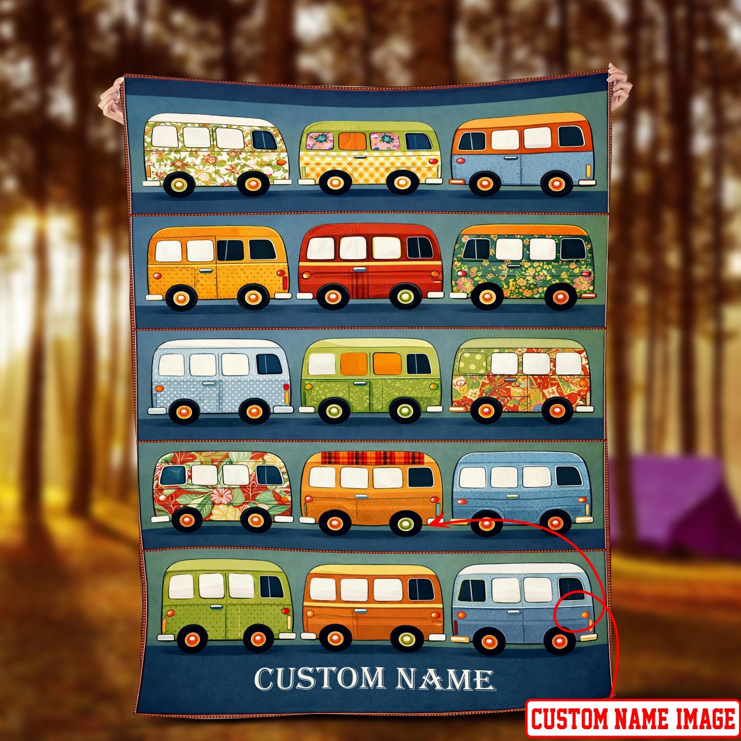 Personalized Retro Camper Van Fleece Blanket – Custom Name Vintage Van Life Quilt Throw for Travel Lovers