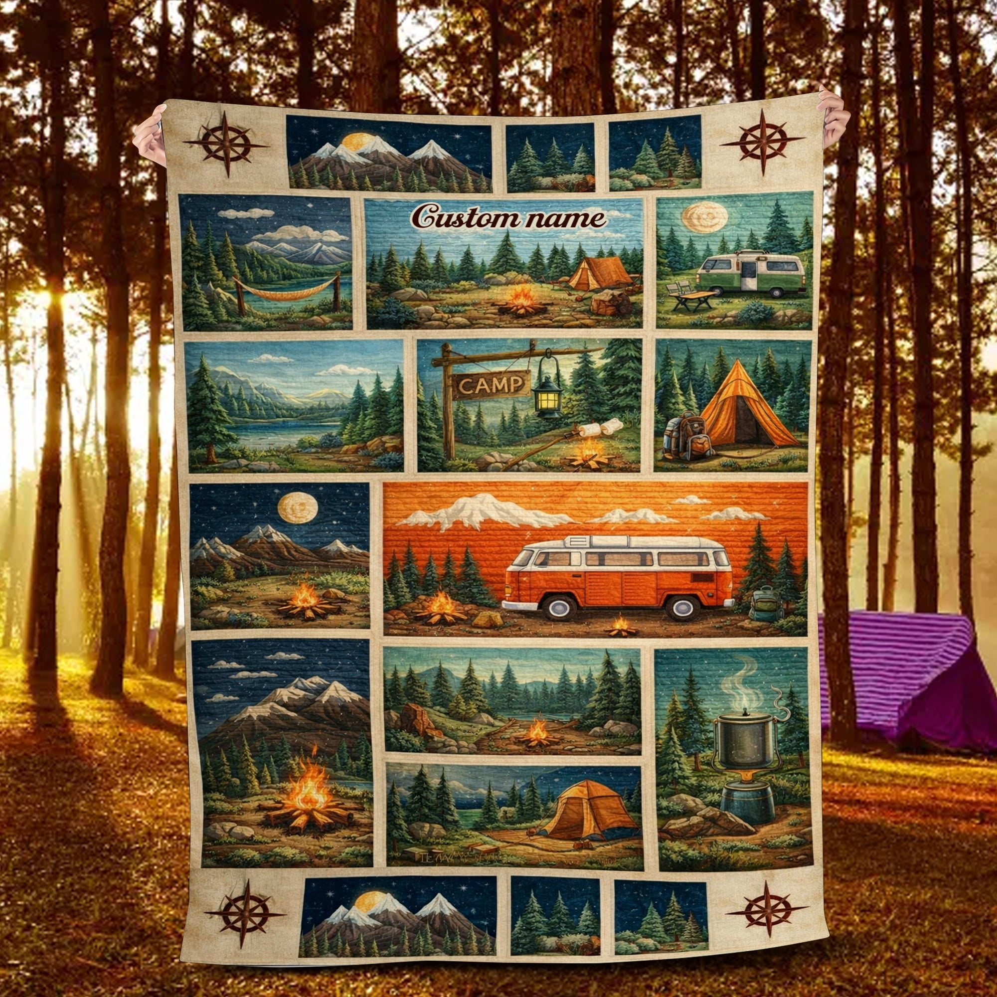 Personalized Camper Patchwork Fleece Blanket – Custom Name Camping Quilt, Cozy RV & Outdoor Gift