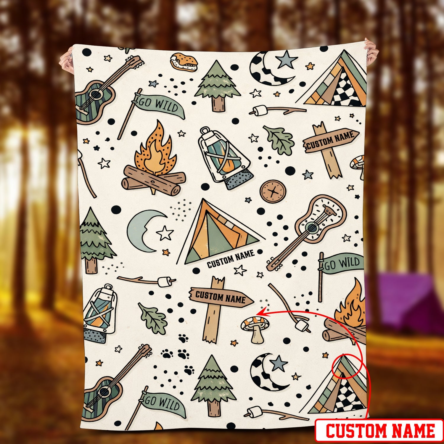 Personalized Camping Pattern Fleece Blanket – Custom Name Outdoor Throw Blanket for Camping Lovers & Cozy Home Decor