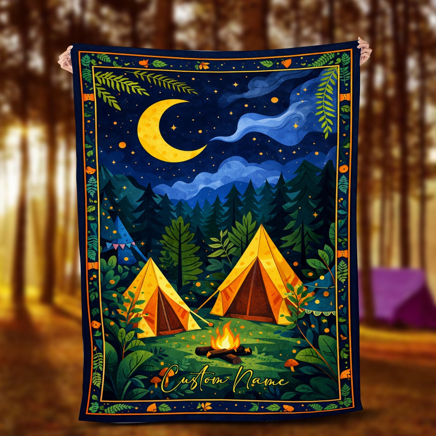 Personalized Night Camping Fleece Blanket – Custom Moon & Tent Throw, Cozy Outdoor Gift for Camping Lovers