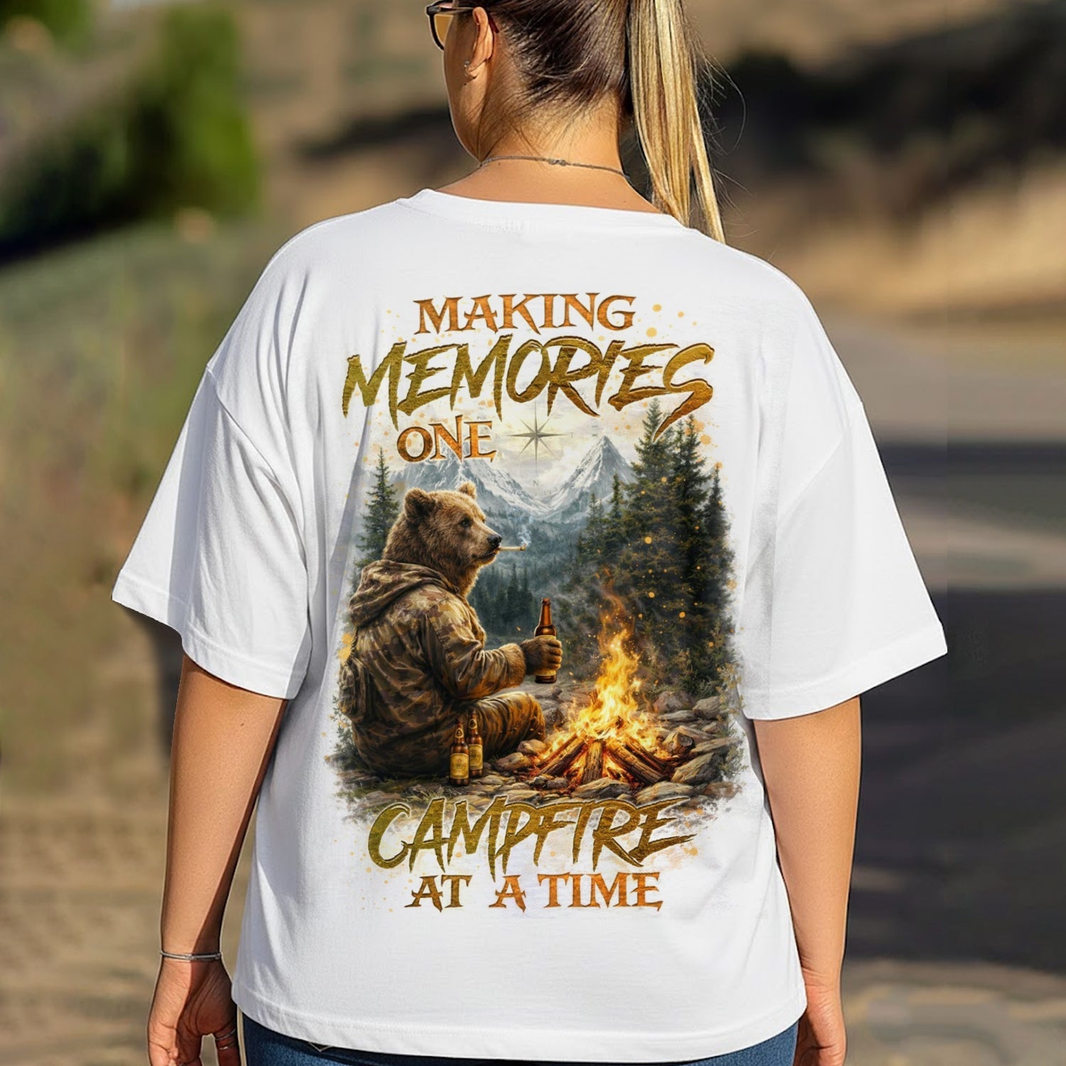 Making Memories One Campfire At A Time Bear T-Shirt, Camping Bear Beer Graphic Tee, Cozy Outdoor Campfire Nature Shirt