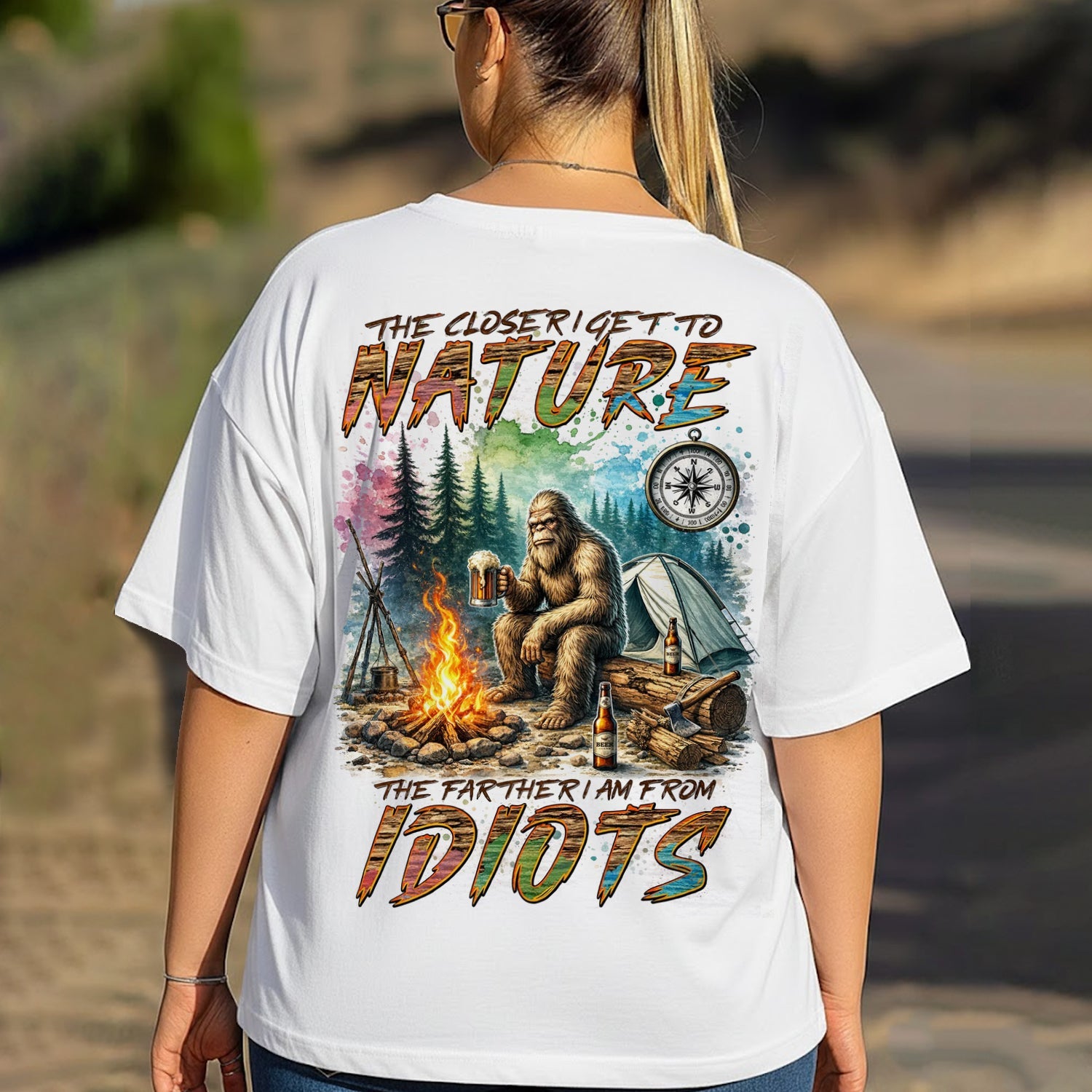 The Closer I Get To Nature Bigfoot Campfire T-Shirt, Sasquatch Beer Camping Graphic Tee, Funny Anti Social Outdoor Shirt