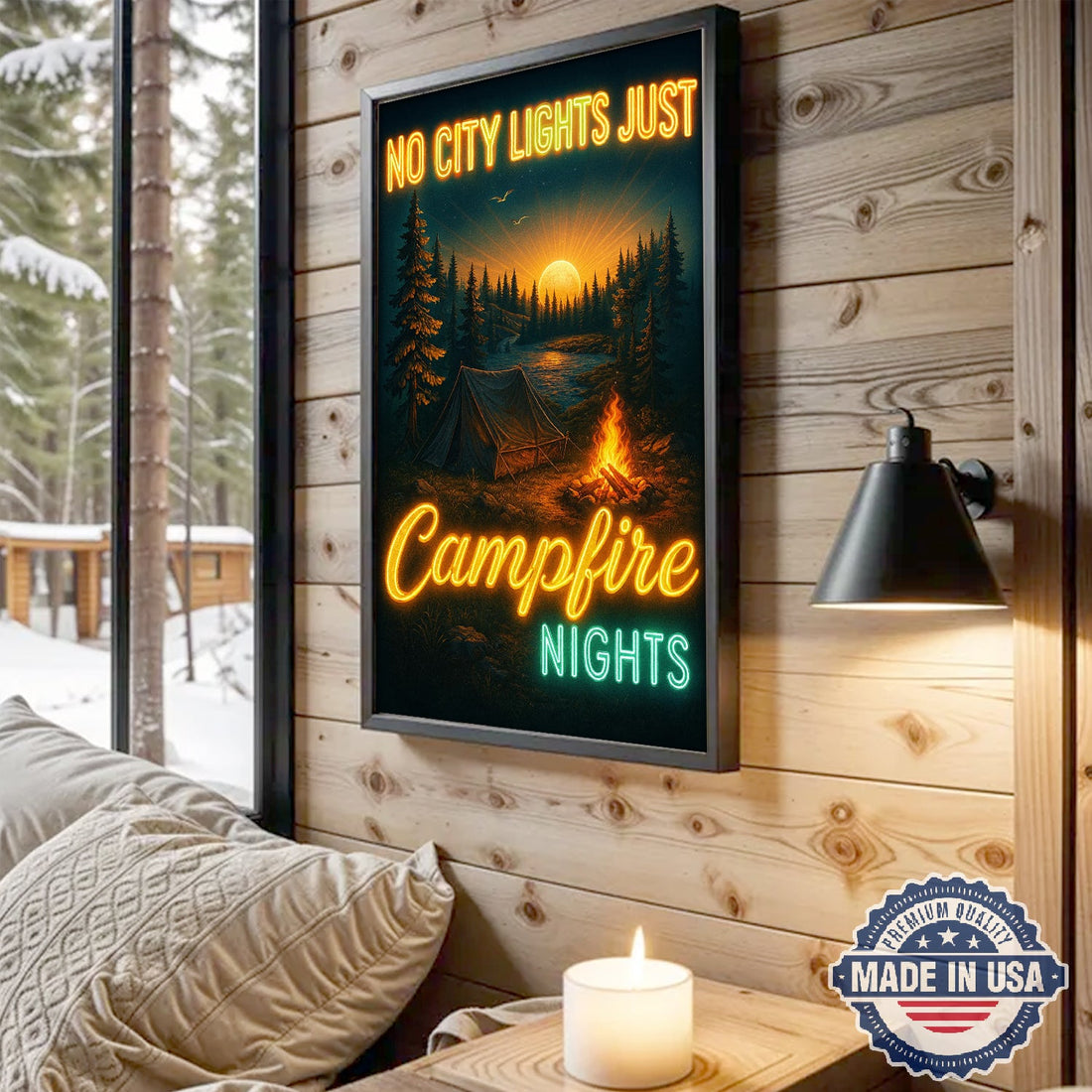 No City Lights Just Campfire Nights Canvas Wall Art – Neon Camping Quote with Forest Lake Sunset, Cozy Outdoor Adventure Home Decor