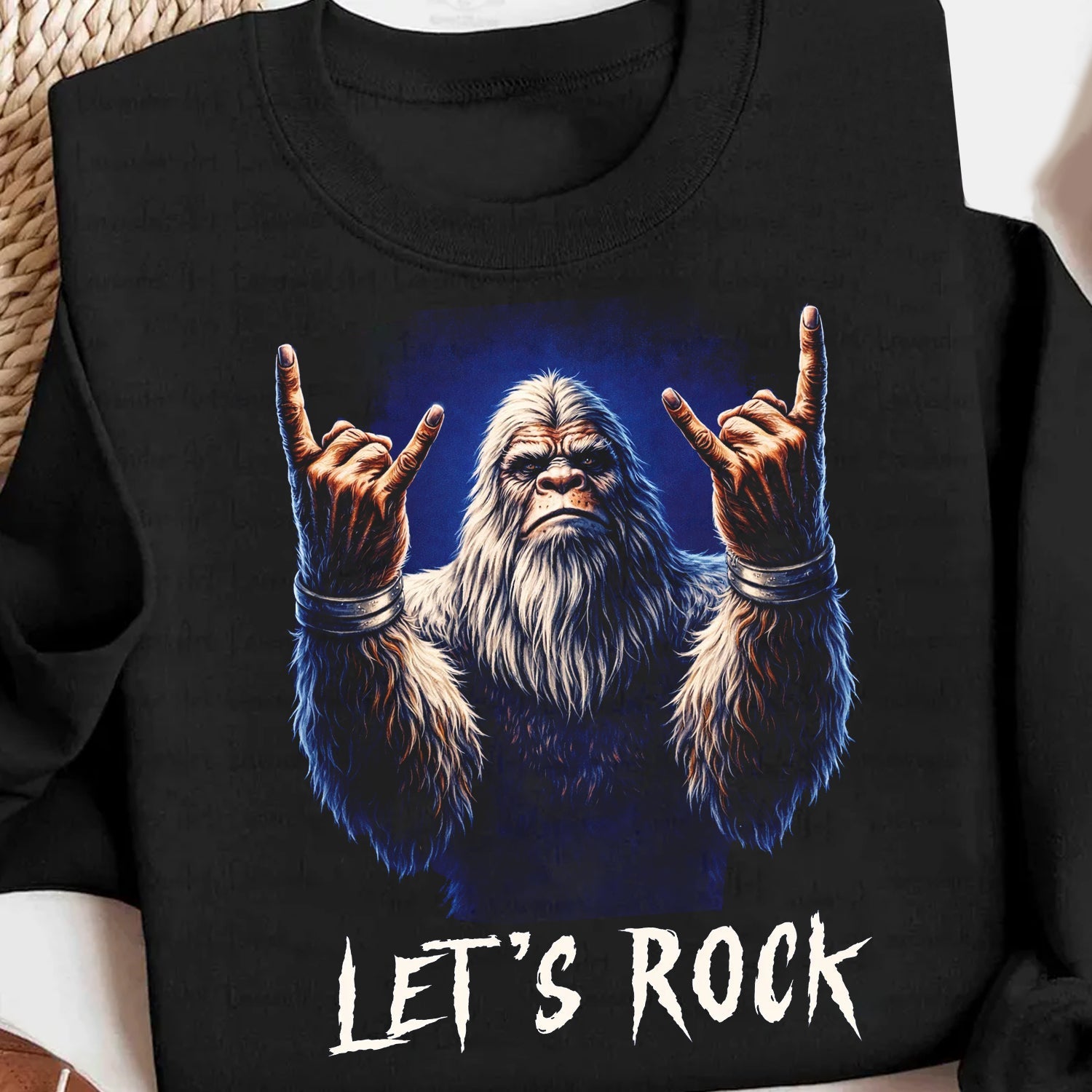 Rock Style Bigfoot T-Shirt – Sasquatch Hand Gesture Graphic Tee, Bold Rock Attitude Illustration Shirt, Funny Cryptid Streetwear Apparel