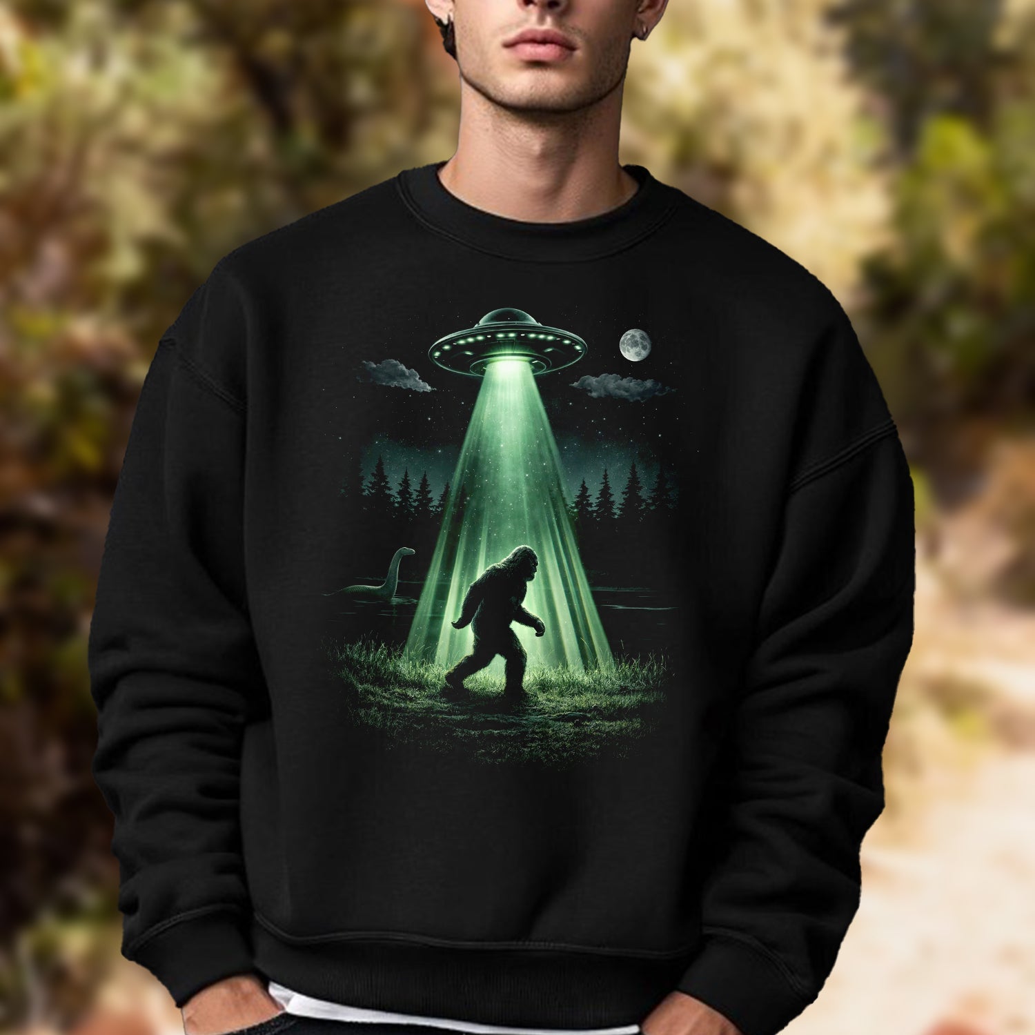 UFO Abduction Bigfoot T-Shirt – Sasquatch Alien Encounter Graphic Tee, Sci-Fi Cryptid Night Forest Shirt