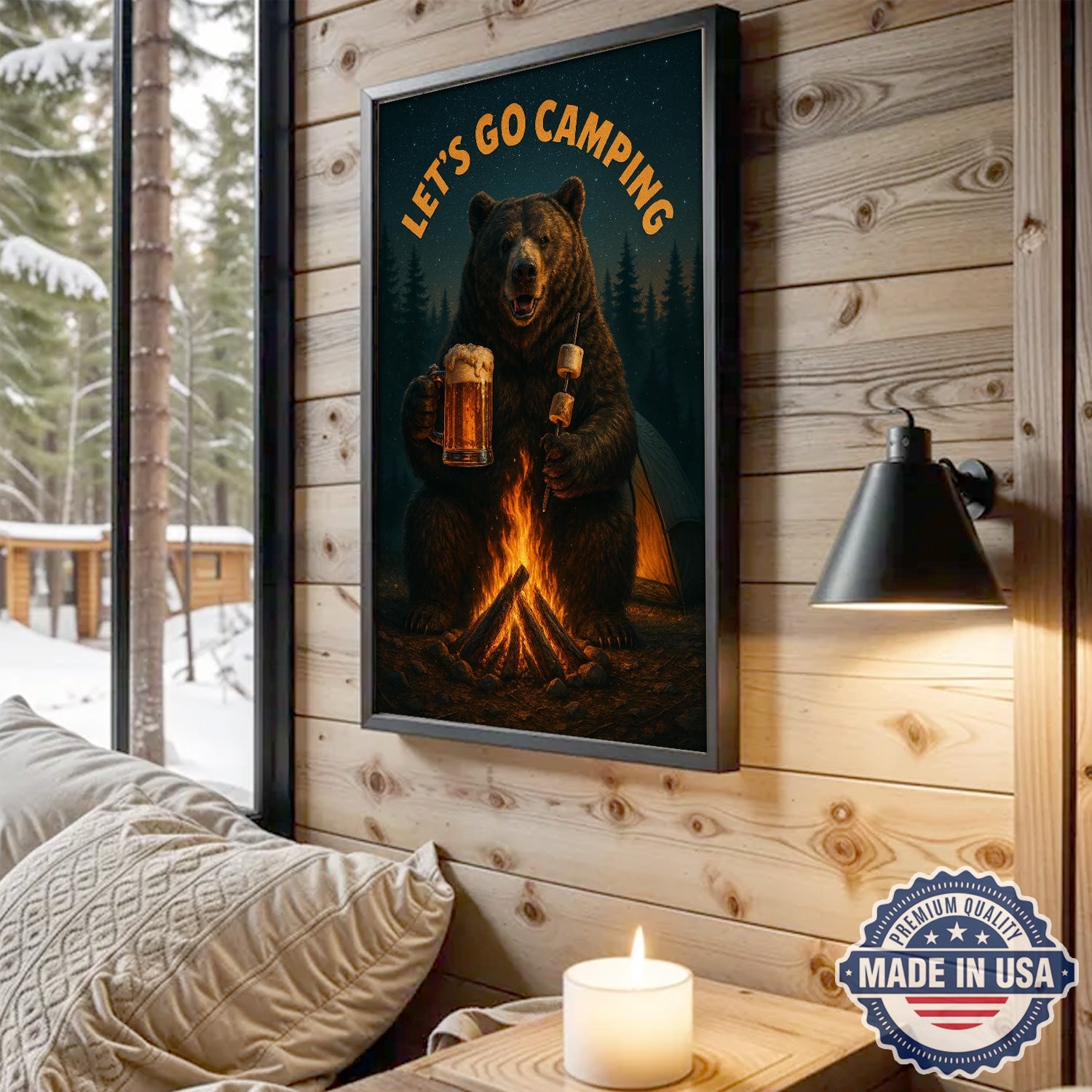 Let’s Go Camping Bear Canvas Wall Art – Funny Wildlife Campfire Illustration with Forest Night Scene, Rustic Outdoor Adventure Home Decor