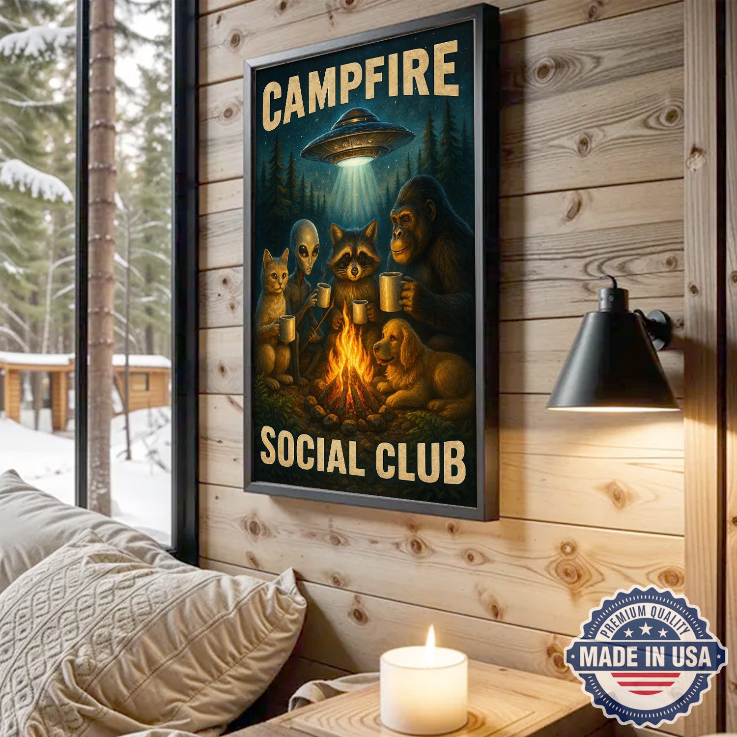 Campfire Social Club Canvas Wall Art – Whimsical Night Camping Illustration with Forest Friends & UFO, Funny Outdoor Adventure Home Decor