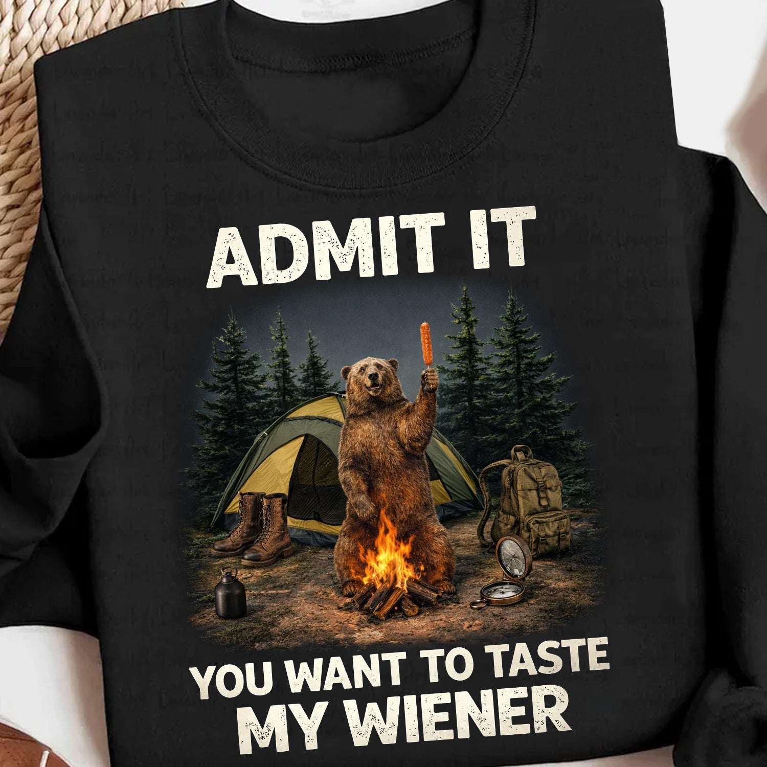 Funny Camping Bear T-Shirt – “Admit It, You Want to Taste My Wiener” Campfire Hot Dog Humor Graphic Tee