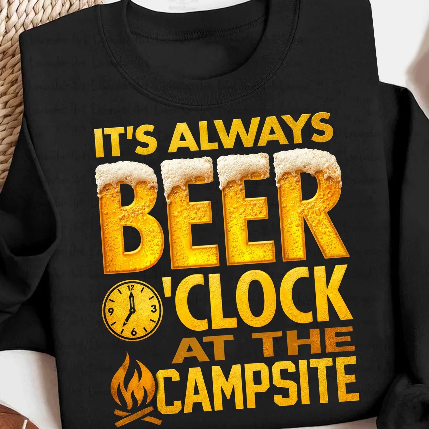 Funny Camping Beer T-Shirt – “It’s Always Beer O’Clock at the Campsite” Drinking Campfire Graphic Tee