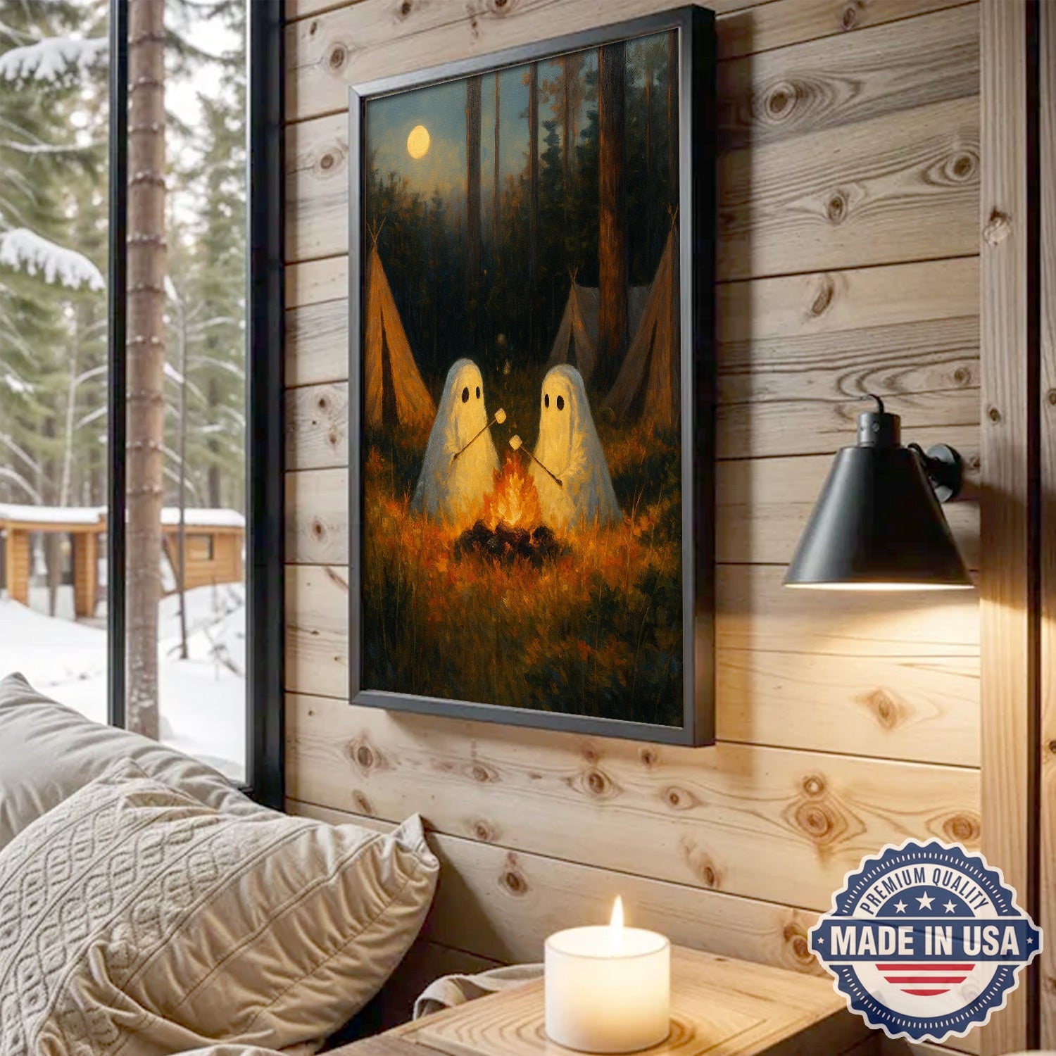 Ghost Camping Canvas Wall Art – Cute Campfire Night Illustration with Friendly Spirits, Whimsical Forest Adventure Home Decor