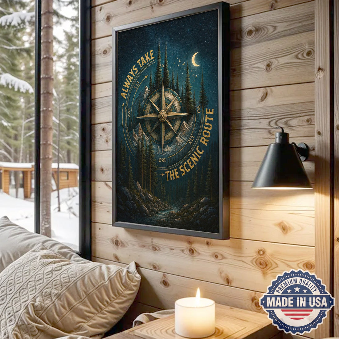 Always Take the Scenic Route Canvas Wall Art – Vintage Compass Mountain Landscape, Inspirational Adventure Nature Decor