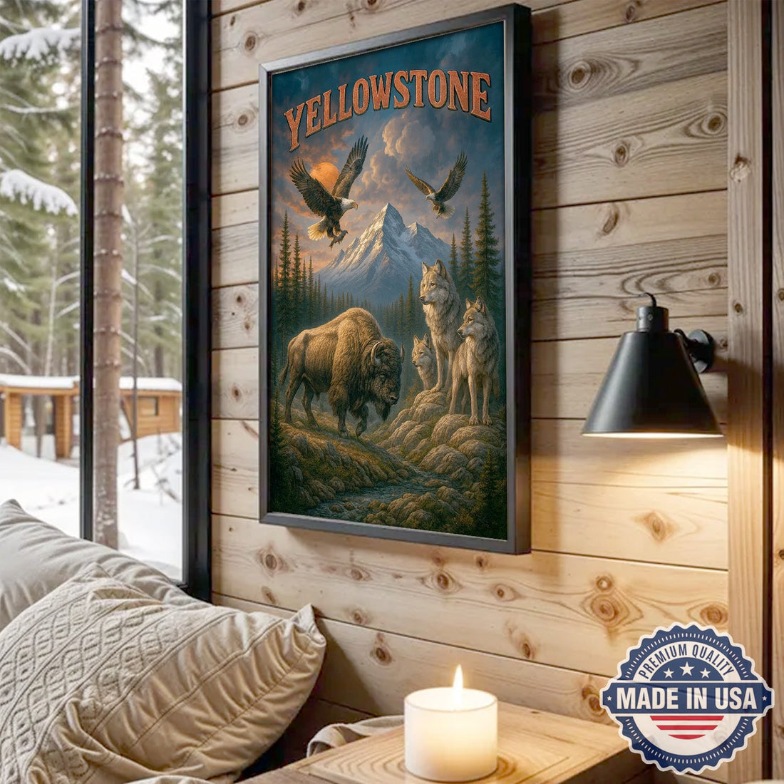 Yellowstone National Park Canvas Wall Art – Majestic Wildlife Landscape with Bison, Wolves & Eagles, Vintage American Wilderness Decor