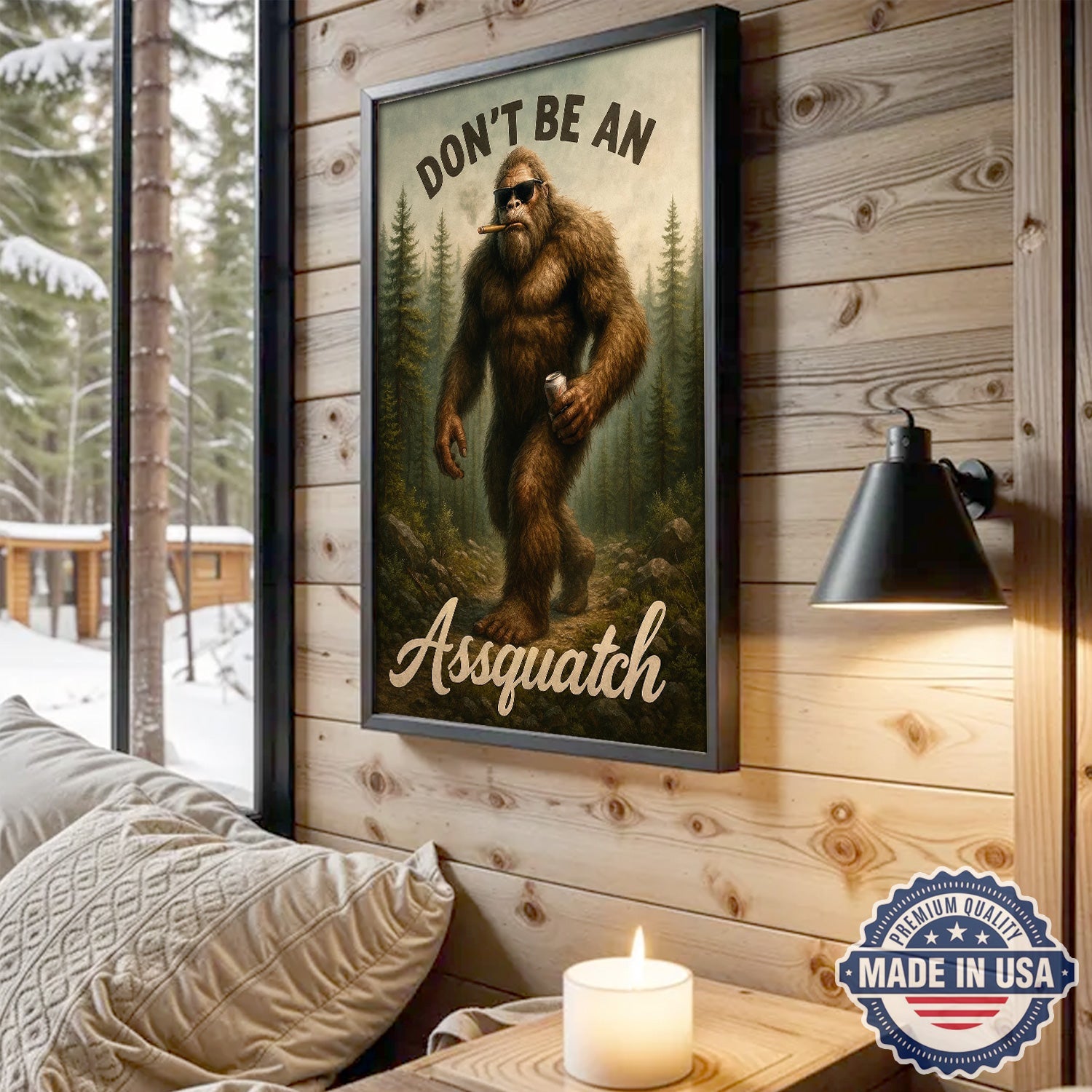 Don’t Be an Assquatch Canvas Wall Art – Funny Sasquatch Forest Illustration, Rustic Cabin Humor Wilderness Home Decor