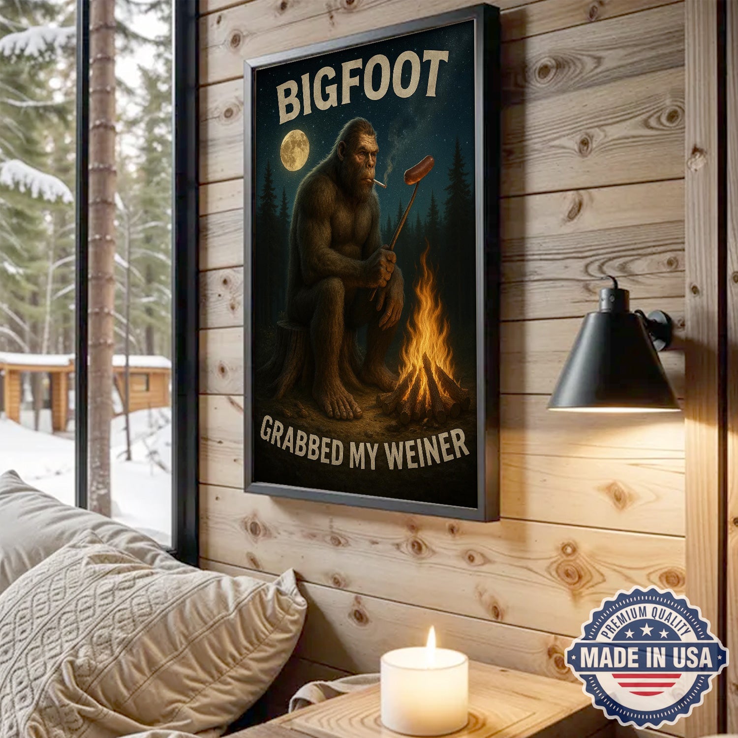 Funny Bigfoot Campfire Canvas Wall Art – Humorous Sasquatch Night Camping Illustration, Rustic Forest Cabin Humor Decor