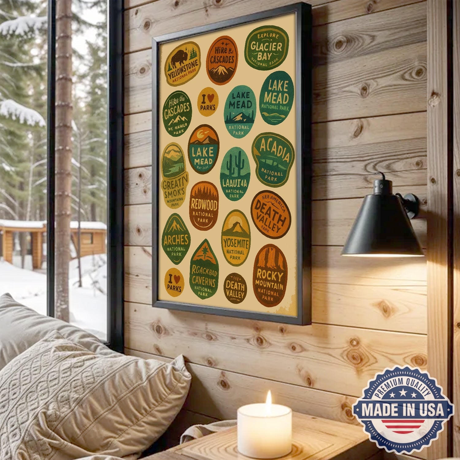 US National Parks Vintage Poster – Retro Travel Badges Wall Art Canvas, Gift for Campers