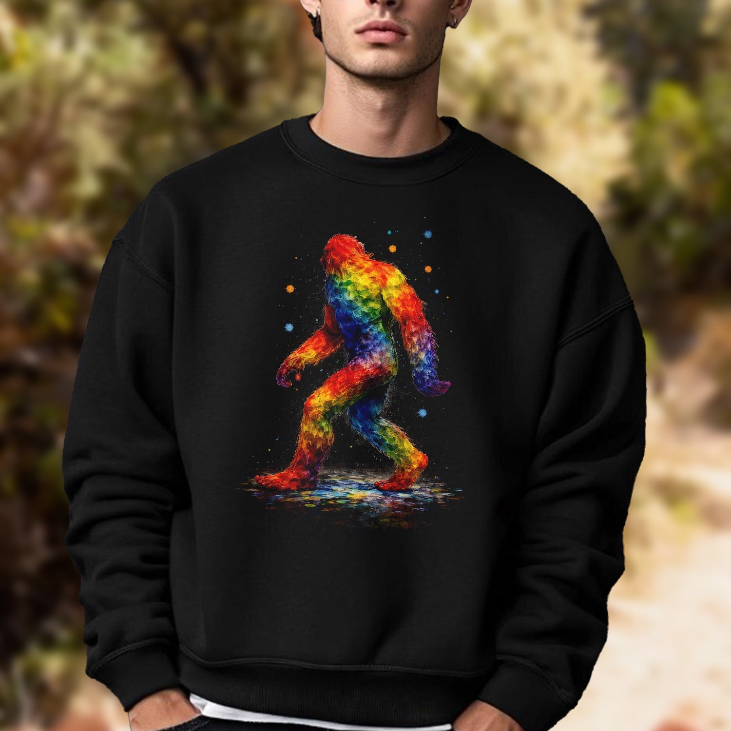 Rainbow Bigfoot T-Shirt – Colorful Sasquatch Art Graphic Tee, Abstract Pride Style Cryptid Shirt